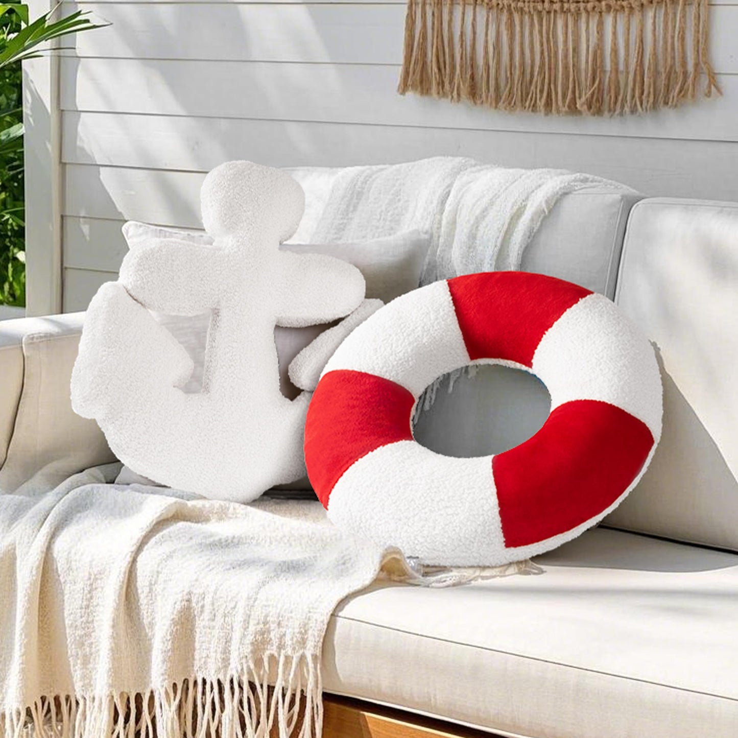 AELS 3D Anchor & Lifebuoy Nautical Decorative Throw Pillows, 19.6"& 15.7" Set of 2, Coastal Decor for Beach Enthusiasts Beach House, Sofa Couch Living Room Bedroom and Nursery, Navy Blue and White