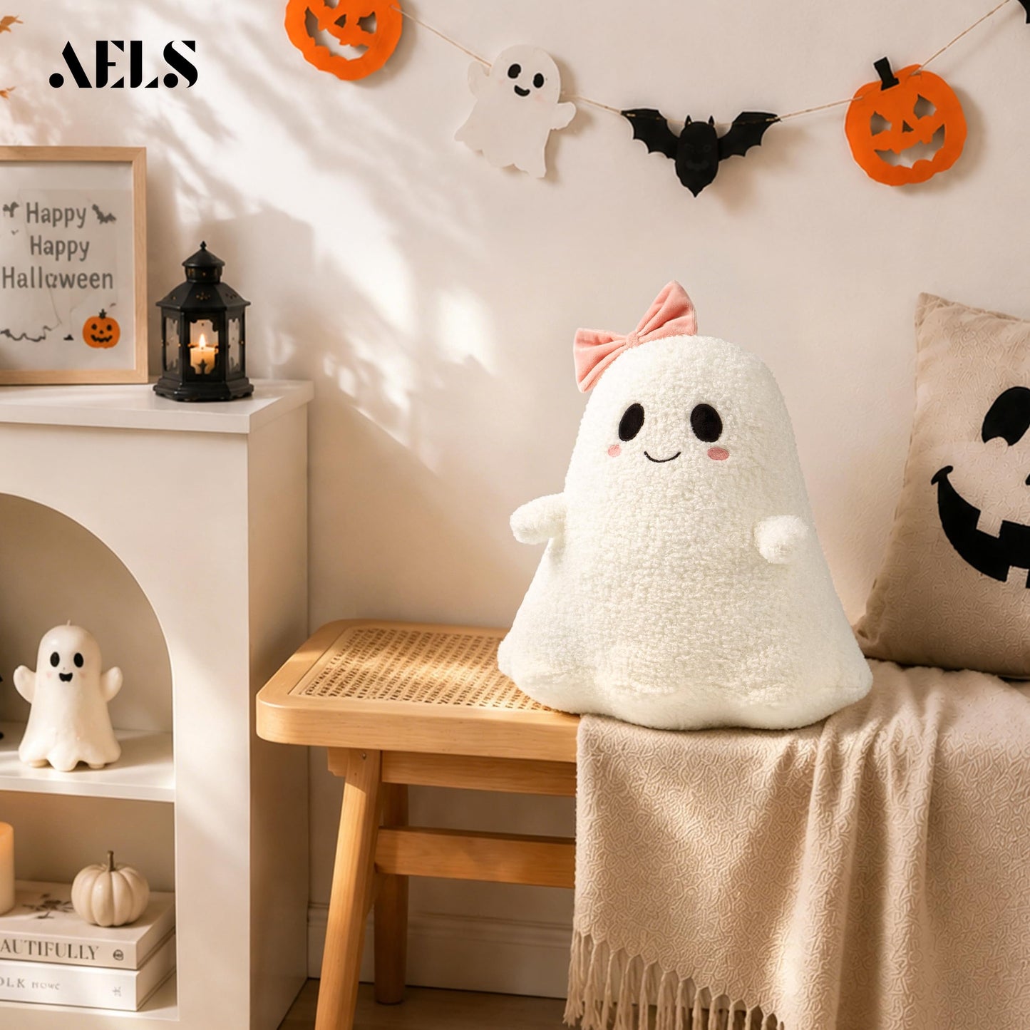 AELS Ghost with Horns Throw Pillow, Spooky Halloween Decorative Pillow | Soft Plush White Ghost Pillow for Couch Sofa Bed Living Room Decor, Cute Spooky Halloween Party Decoration