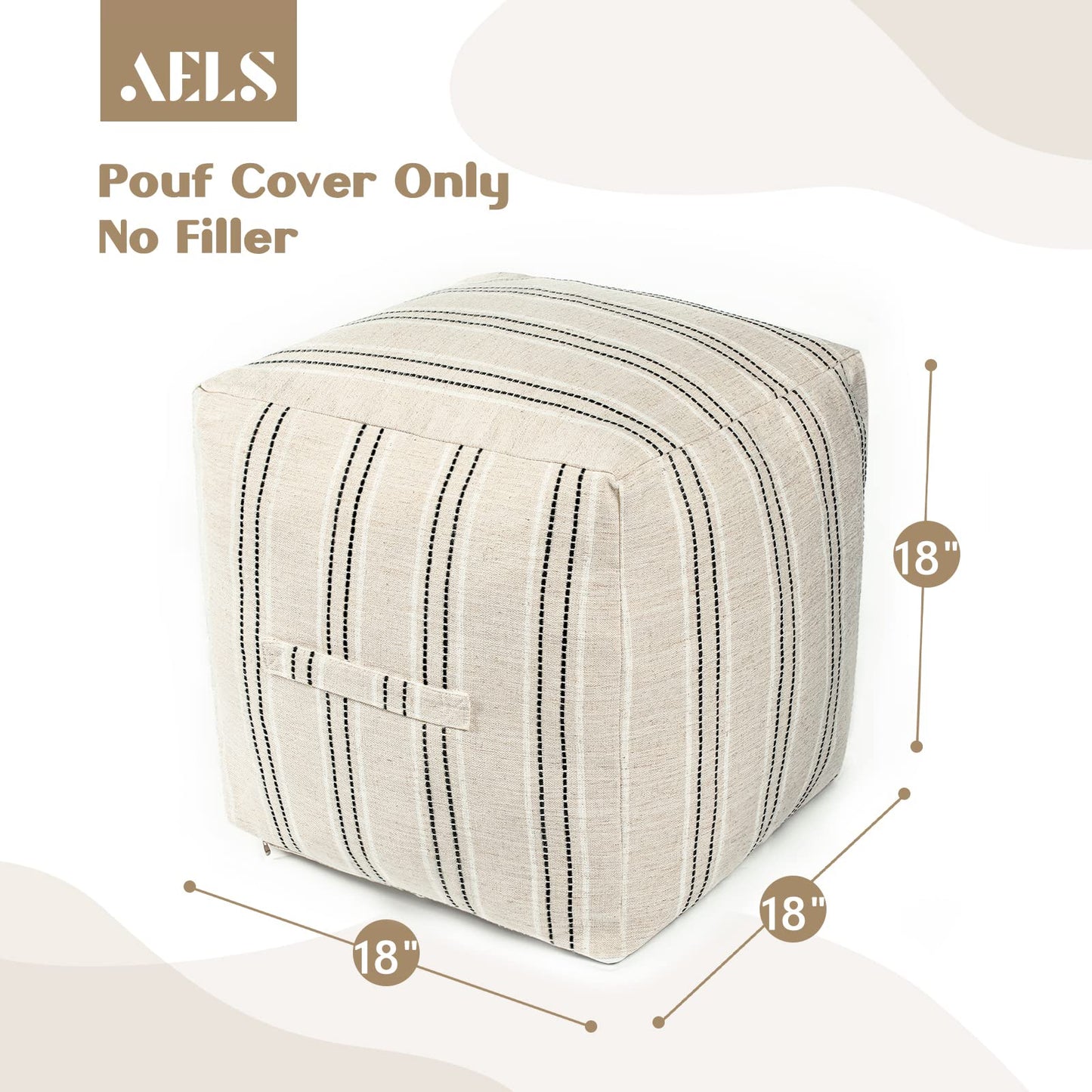 AELS Unstuffed Farmhouse Pouf Cover for Living Room, Boho Storage Bean Bag Cubes, Beige with Brown Stitch Yarn Dyed Stripe Square Ottoman Pouf Foot Rest Footstool, 18"x18"x18", Cover ONLY