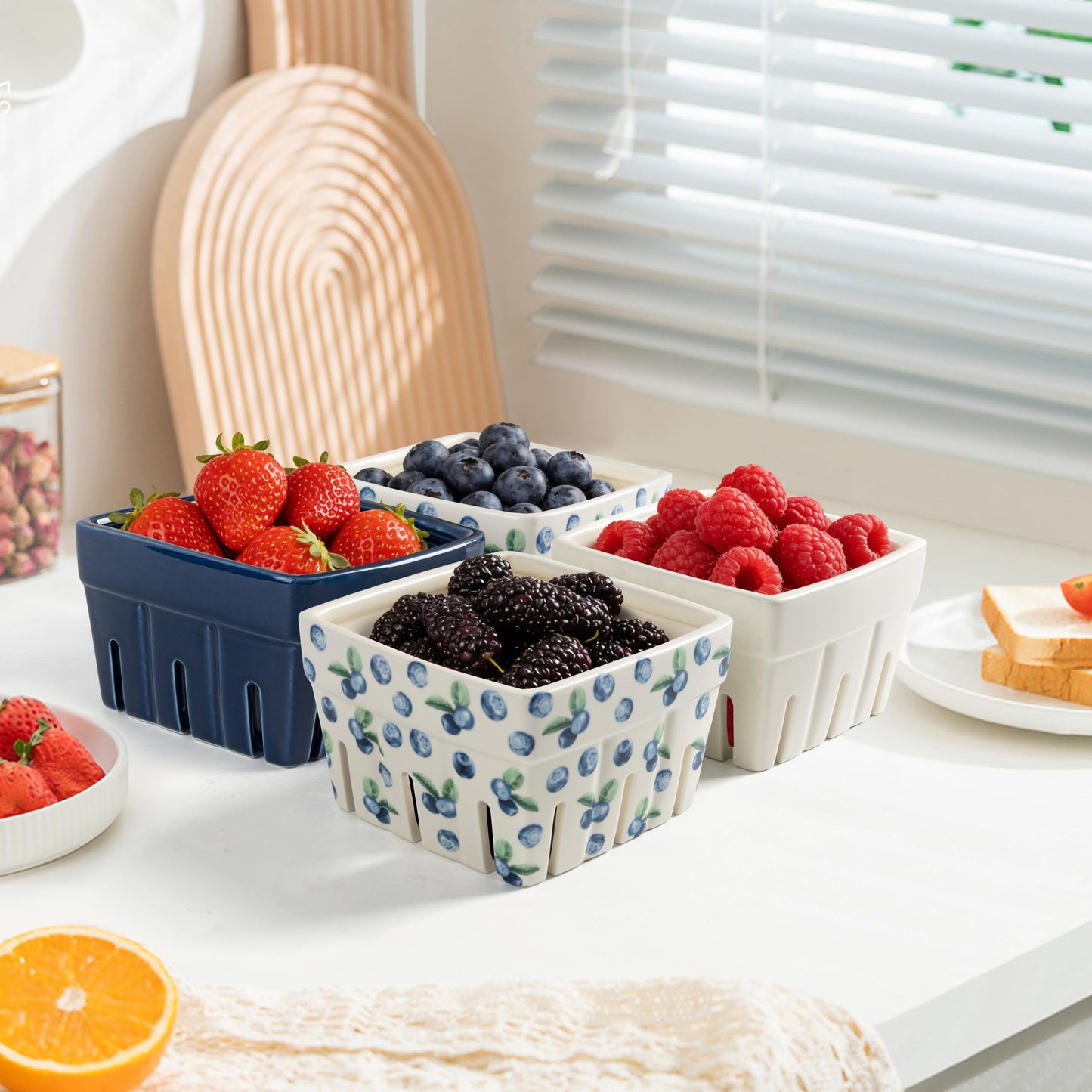 AELS Ceramic Berry Basket, Farmhouse Fruit Bowl Container for Fruit & Vegetables, Farmers Market, Kitchen Decor, Stoneware Harvest Bowls, Set of 4, Navy Blueberry