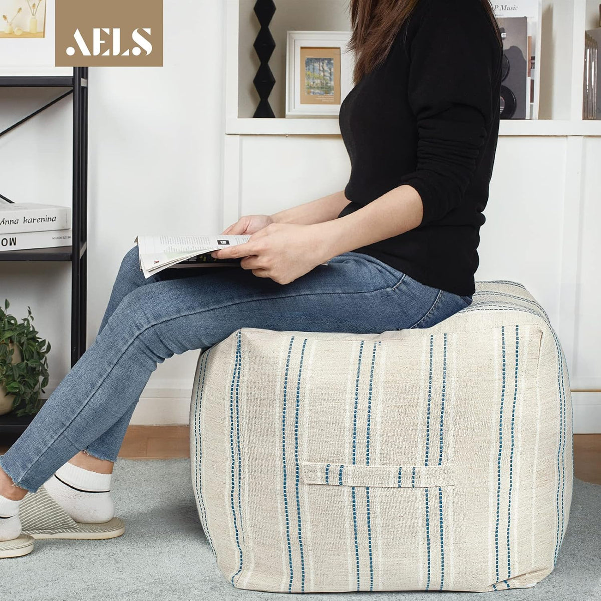AELS Unstuffed Farmhouse Pouf Cover for Living Room, Boho Storage Bean Bag Cubes, Beige with Navy Blue Stitch Yarn Dyed Stripe Square Ottoman Pouf Foot Rest Footstool, 18"x18"x18", Cover ONLY