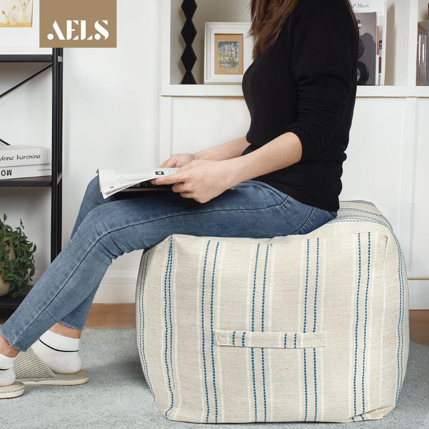AELS Unstuffed Farmhouse Pouf Cover for Living Room, Boho Storage Bean Bag Cubes, Beige with Brown Stitch Yarn Dyed Stripe Square Ottoman Pouf Foot Rest Footstool, 18"x18"x18", Cover ONLY