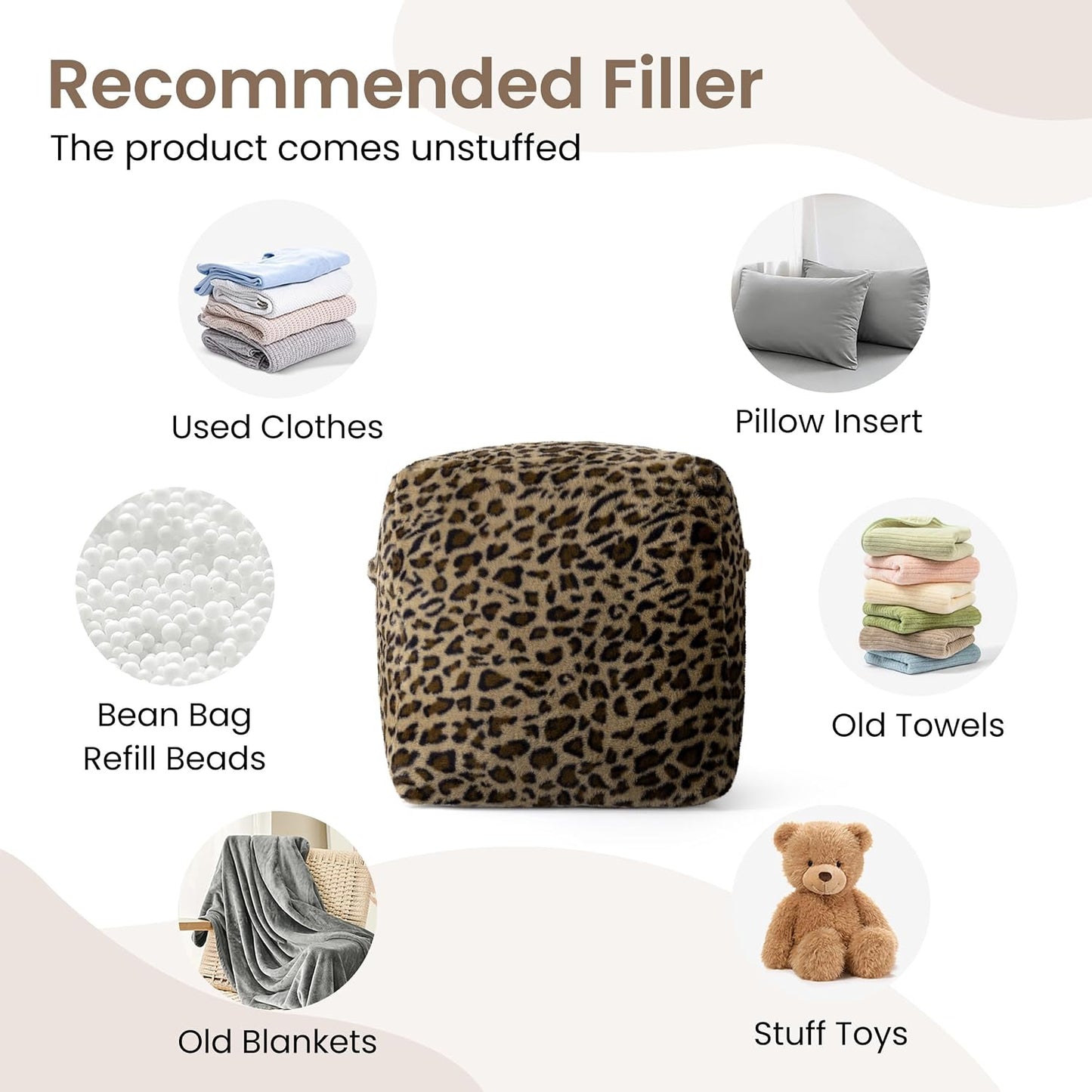 Unstuffed Leopard Cheetah Print Pouf Cover for Living Room, Boho Chic Modern Storage Bean Bag Cube, Soft Faux Fur Ottoman Foot Rest Footstool, 18"x18"x18", Cover ONLY, Natural Leopard