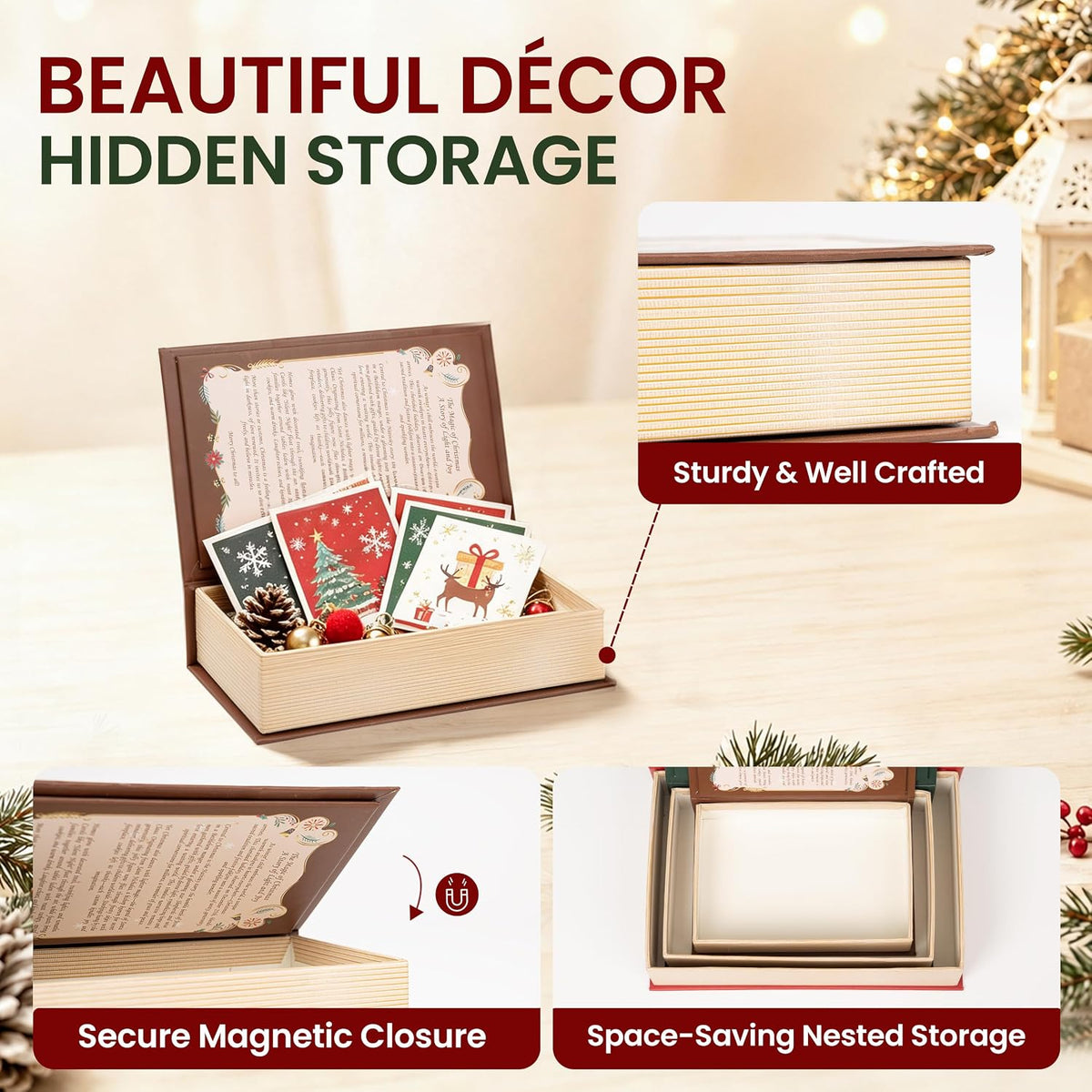 AELS 3 Pcs Christmas Decorative Books for Home Decor with Hidden Storage, Stackable Faux Book Boxes for Coffee Table Bookshelf, Hardcover Classic Xmas Mantel & Shelf Decor (8", 7", 6")