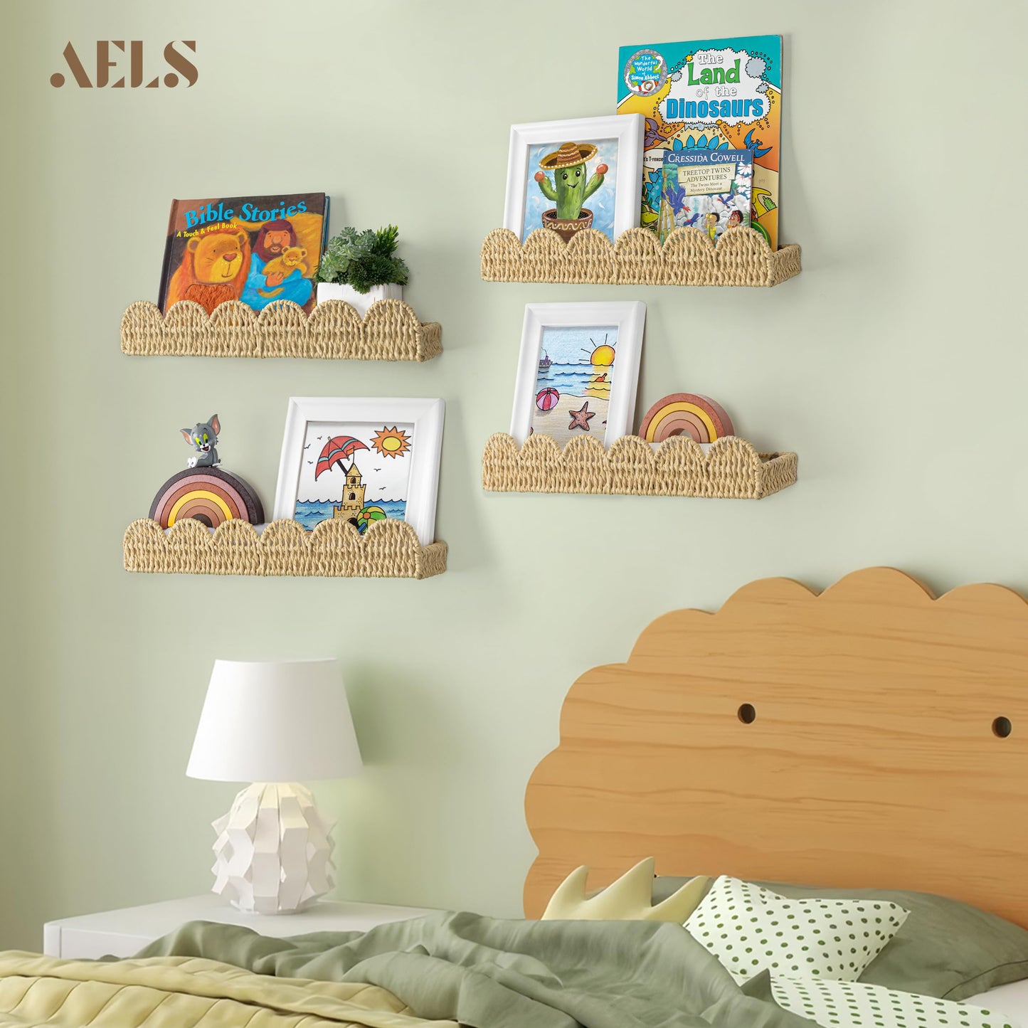 Scalloped Nursery Bookshelf, Set of 2, Picture Ledge Shelf for Wall Decor, Woven Straw Paper Floating Shelves for Books, Toys, Photo Frames, Nursery, Boho Modern Farmhouse Book Shelf, Beige