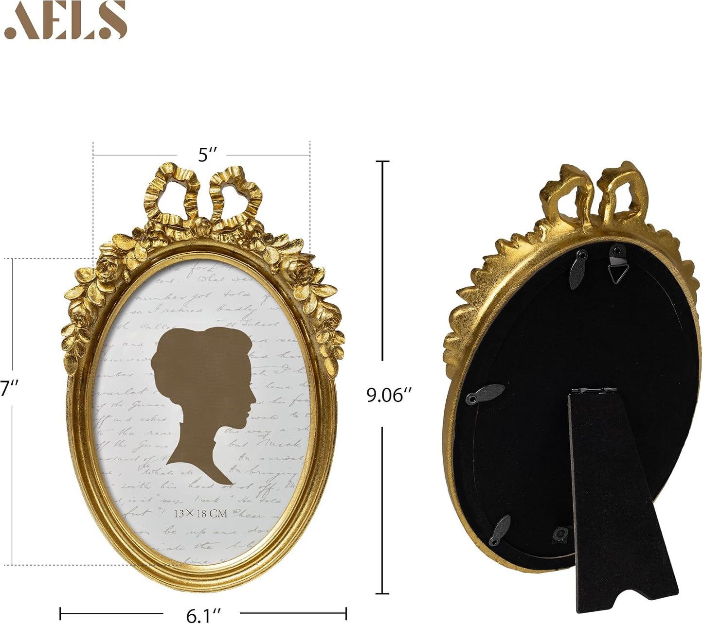 AELS 5x7 Inch Bow Vintage Picture Frame, Floral Rose Antique Oval Gold Photo Frames with Glass Front, Elegant Photo Display, Tabletop Wall Hanging, Gift Ideas