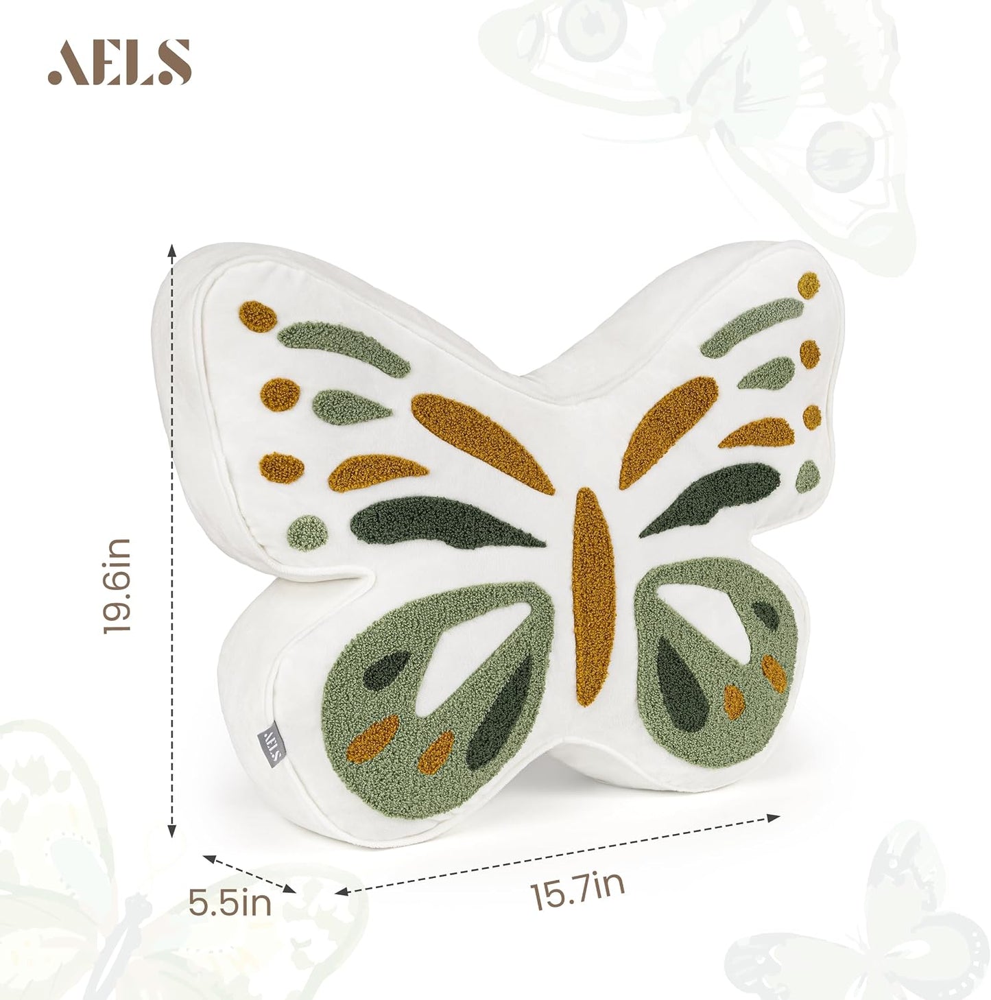 AELS Butterfly Pillow, Tufted Decorative Throw Pillows, 19.6" x 15.7", Soft Plush Stuffed Animal, Cute Pillow for Living Room, Bedroom, Sage Green