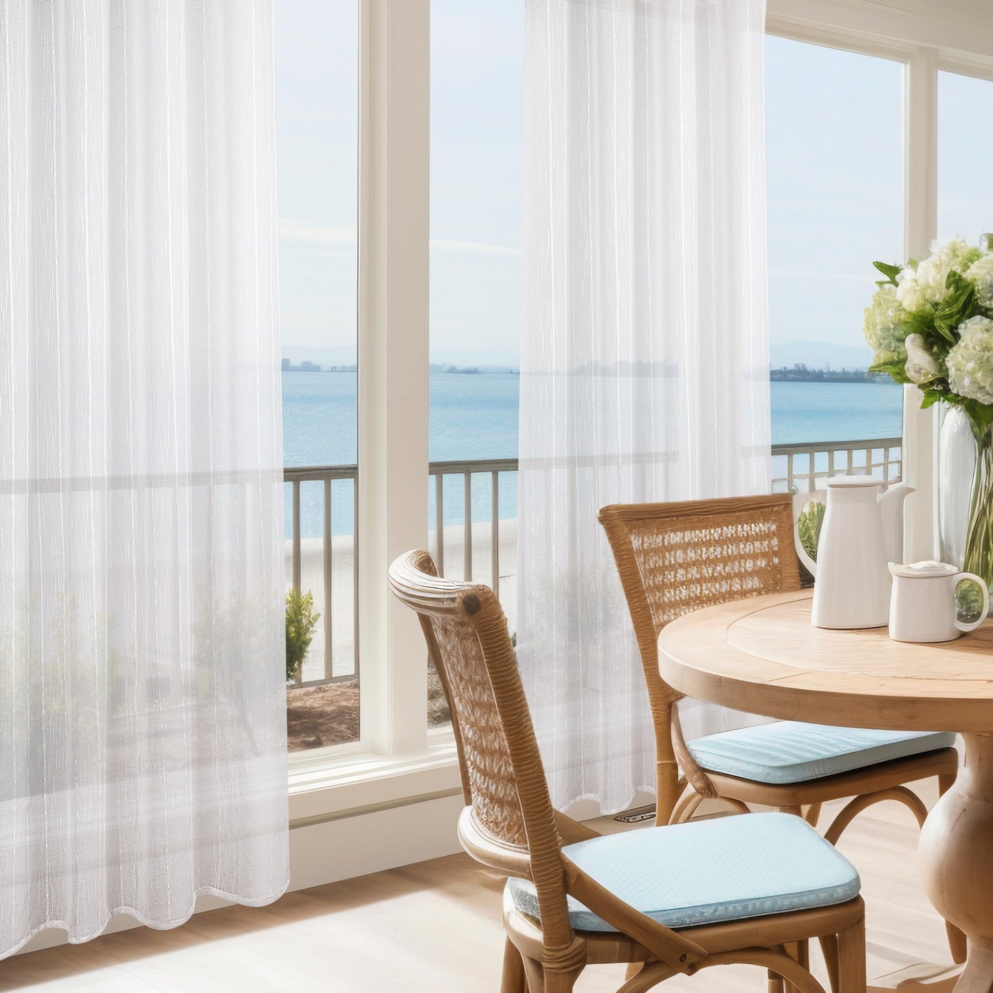 AELS Creamy White Semi Sheer Curtains 52 x 84 Inches Long 2 Panels, Striped Sheer Curtains for Living Room Bedroom, Textured Voile Sheer Boho Light Filtering Farmhouse Grommet Curtain
