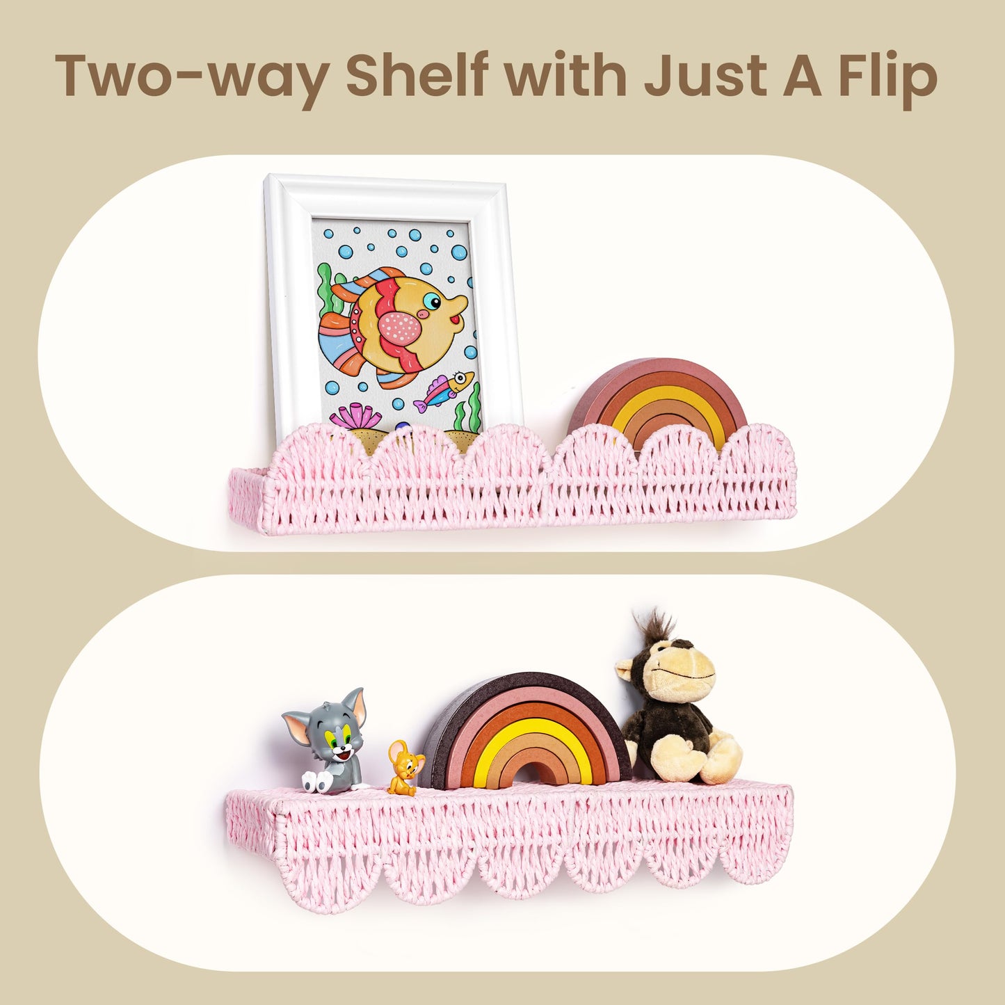 AELS Scalloped Nursery Bookshelf, Set of 2, Picture Ledge Shelf for Wall Decor, Woven Straw Paper Floating Shelves for Books, Toys, Photo Frames, Nursery, Boho Modern Farmhouse Book Shelf, Beige
