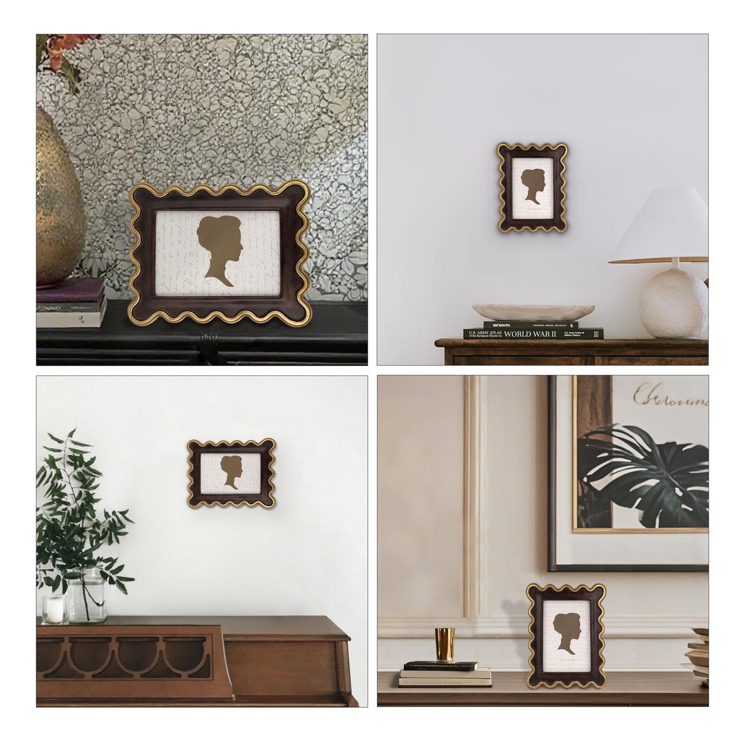 AELS 4x6 Inch Vintage Scalloped Picture Frame, Mid Century Modern Antique Photo Frames with Glass Front, Photo Display, Tabletop Wall Hanging, Gift Ideas, Dark Walnut