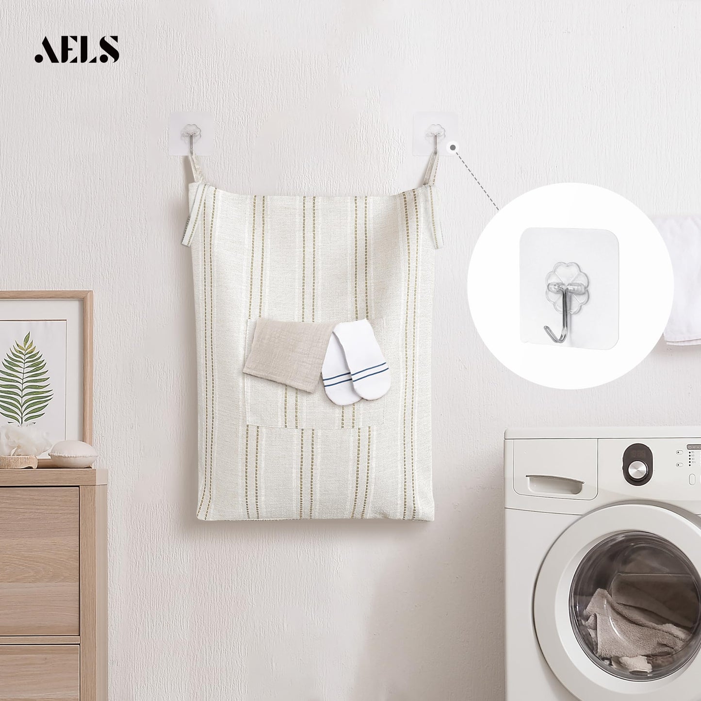 Farmhouse Hanging Laundry Hamper with 2 Hooks, Washable Beige & Stripes Laundry Bag with Zipper & Wide Open Top, Over the Door Organizer for Dirty Clothes, Space Saving Storage