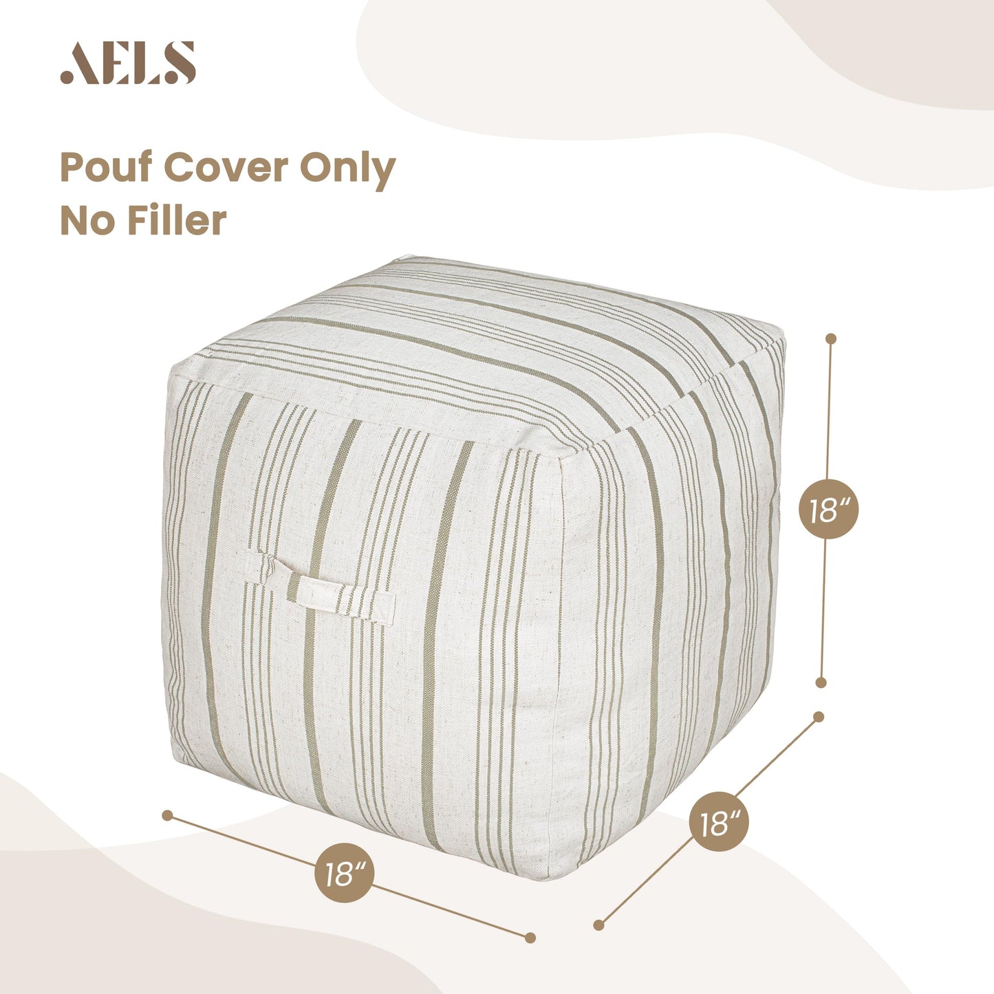 AELS Unstuffed Farmhouse Pouf Cover for Living Room, Boho Storage Bean Bag Cubes, Beige with Brown Stitch Yarn Dyed Stripe Square Ottoman Pouf Foot Rest Footstool, 18"x18"x18", Cover ONLY