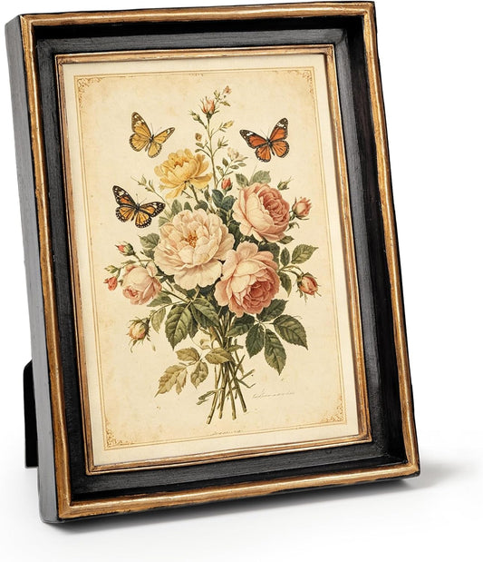 AELS 5x7 Inch Vintage Picture Frame, Elegant Antique Photo Frames with Glass Front, Photo Display, Tabletop Wall Hanging, Gift Ideas, Black with Gold Trim