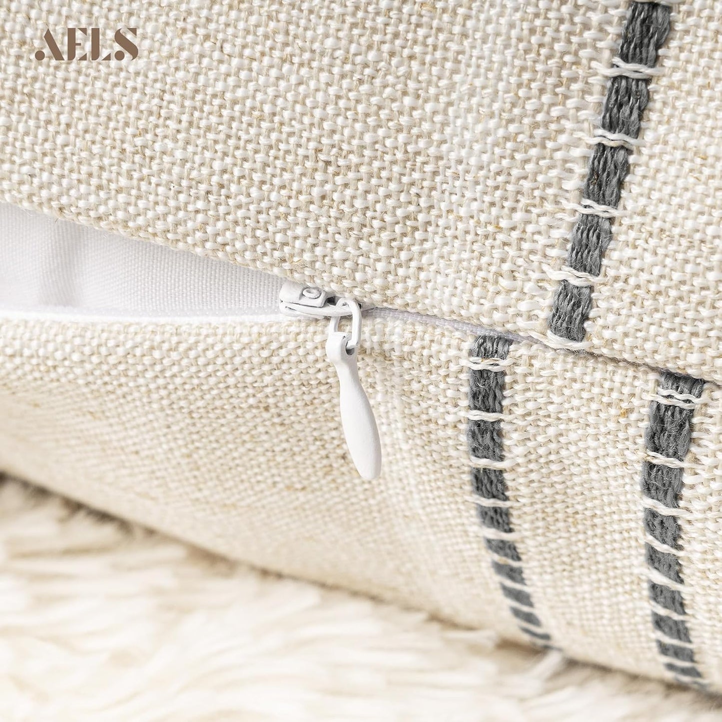 AELS 12x20 Decorative Farmhouse Linen Blend Throw Pillow Covers, Boho Textured Pillow Case, Set of 2, Beige with White & Brown Stitch Yarn Dyed Stripe Cushion Cover for Sofa Living Room (Cover ONLY)