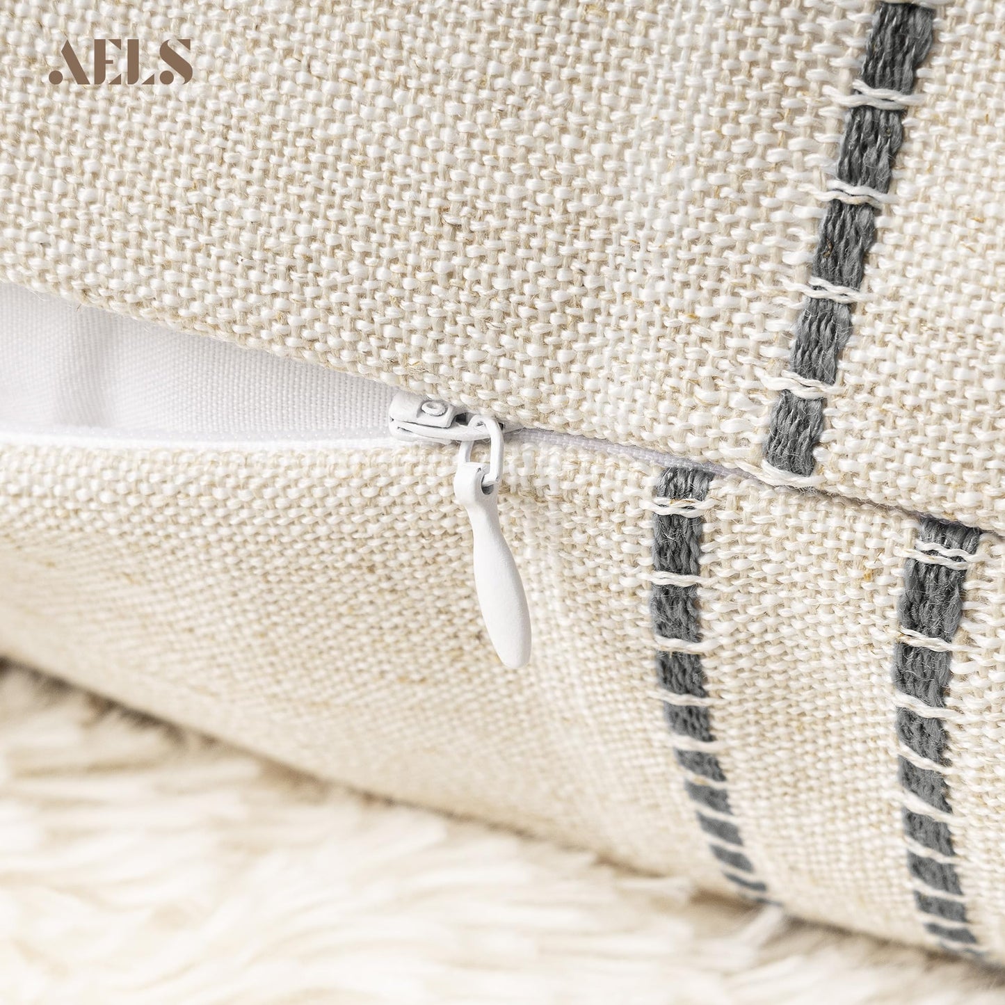AELS 12x20 Decorative Farmhouse Linen Blend Throw Pillow Covers, Boho Textured Pillow Case, Set of 2, Beige with White & Brown Stitch Yarn Dyed Stripe Cushion Cover for Sofa Living Room (Cover ONLY)