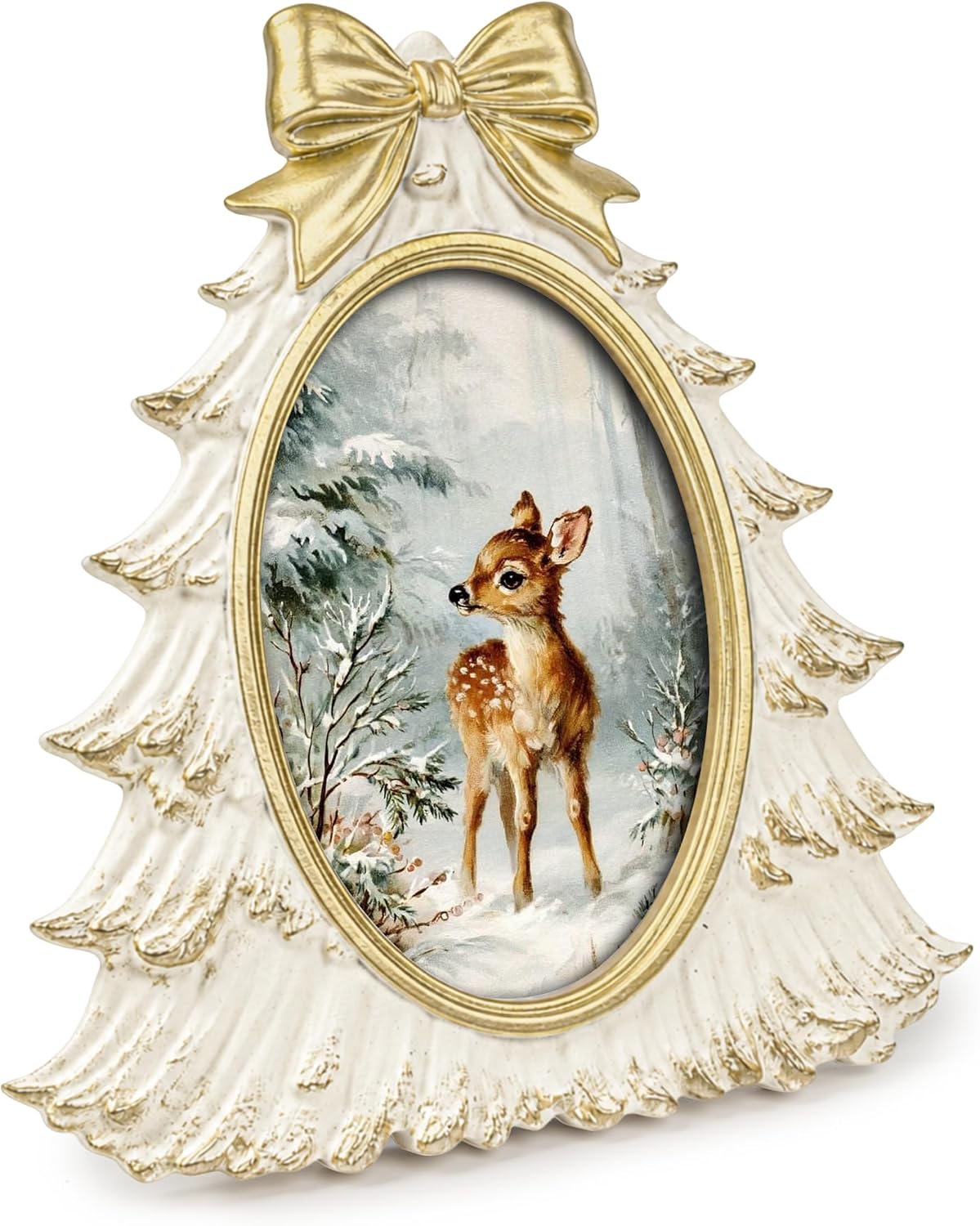 AELS 4x6 Inch Vintage Christmas Tree Picture Frames White Gold Bow