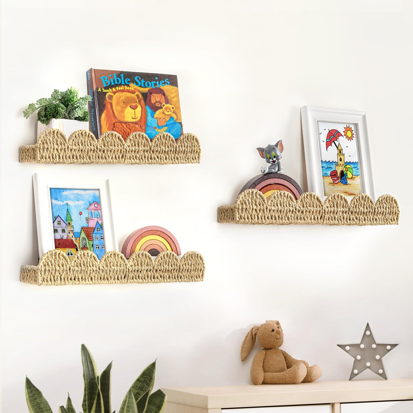 Scalloped Nursery Bookshelf, Set of 2, Picture Ledge Shelf for Wall Decor, Woven Straw Paper Floating Shelves for Books, Toys, Photo Frames, Nursery, Boho Modern Farmhouse Book Shelf, Beige