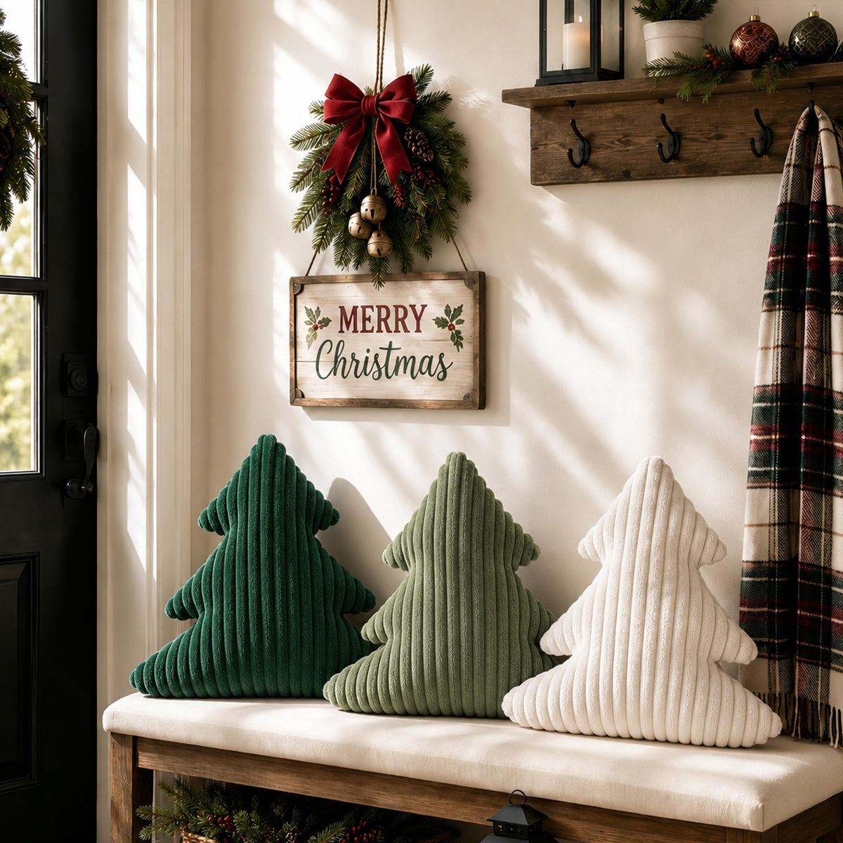 AELS Faux Fur Christmas Tree Decorative Pillow Set of 3, Forest Green Series