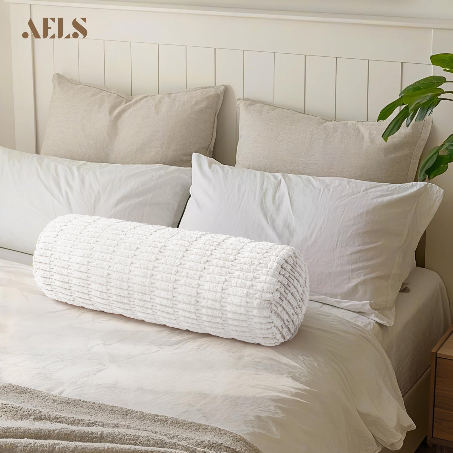 AELS Faux Fur Striped Cylinder Pillows Set of 2, 8" x 24" Decorative Modern Bolster Pillows with Removable Washable Cover & Insert, Body Pillow for Couch Bed, Living Room Bedroom Nursery Decor, White