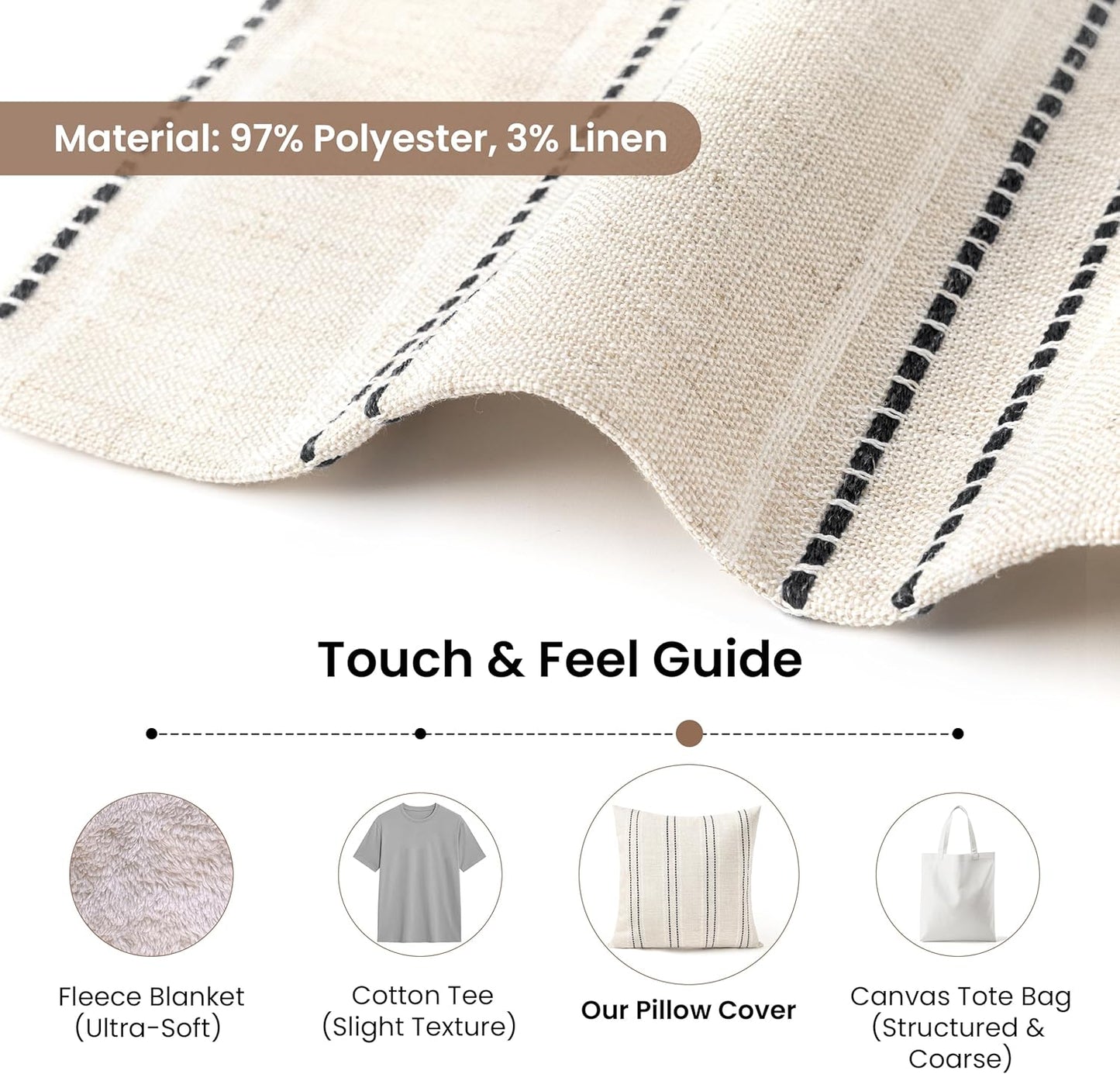 AELS 12x20 Decorative Farmhouse Linen Blend Throw Pillow Covers, Boho Textured Pillow Case, Set of 2, Beige with White & Brown Stitch Yarn Dyed Stripe Cushion Cover for Sofa Living Room (Cover ONLY)