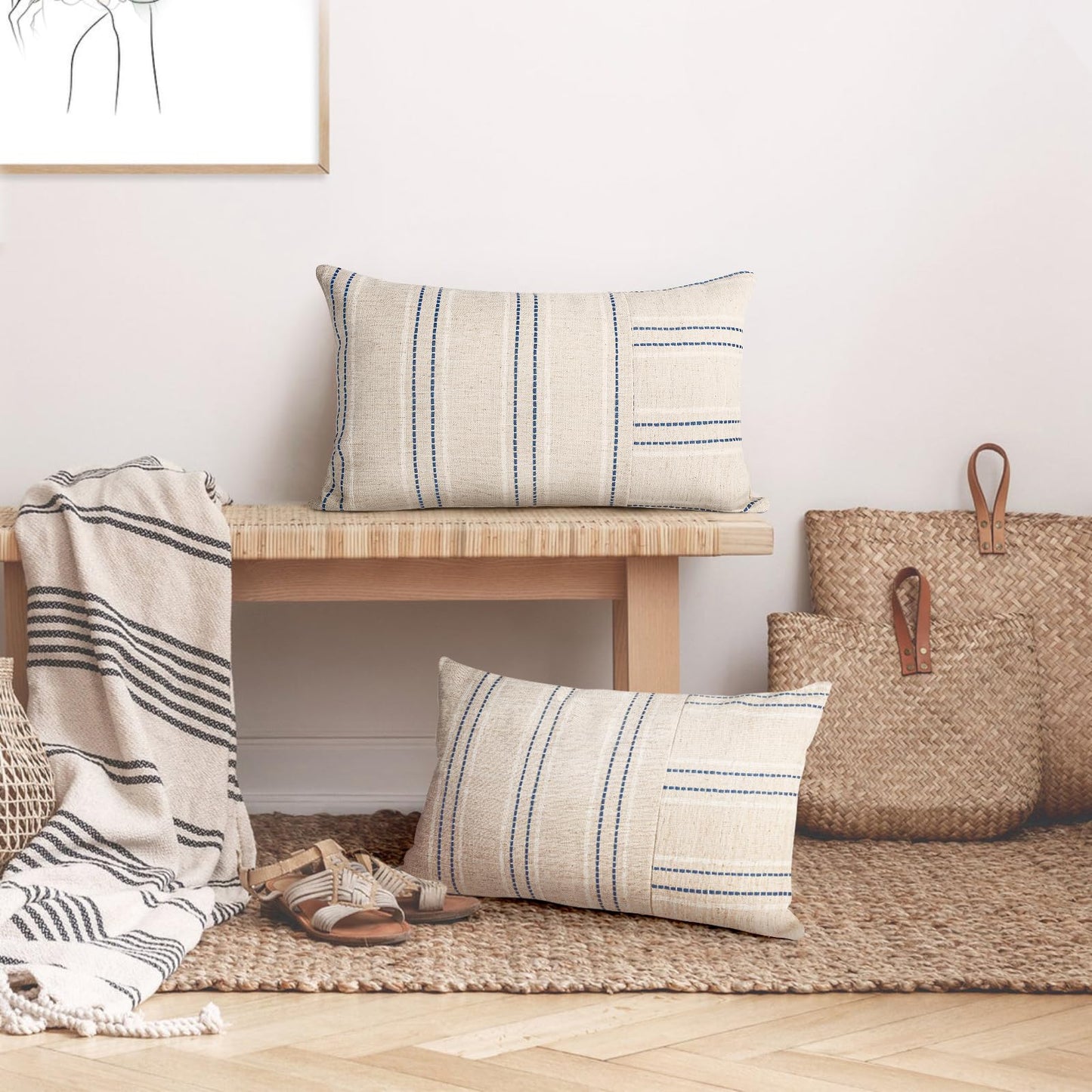 AELS 12x20 Decorative Farmhouse Linen Throw Pillow Covers, Boho Rectangle Lumbar Pillow Case, Set of 2, Beige with White & Gray Stripe Patchwork Cushion Cover for Sofa Couch Living Room (Cover ONLY)