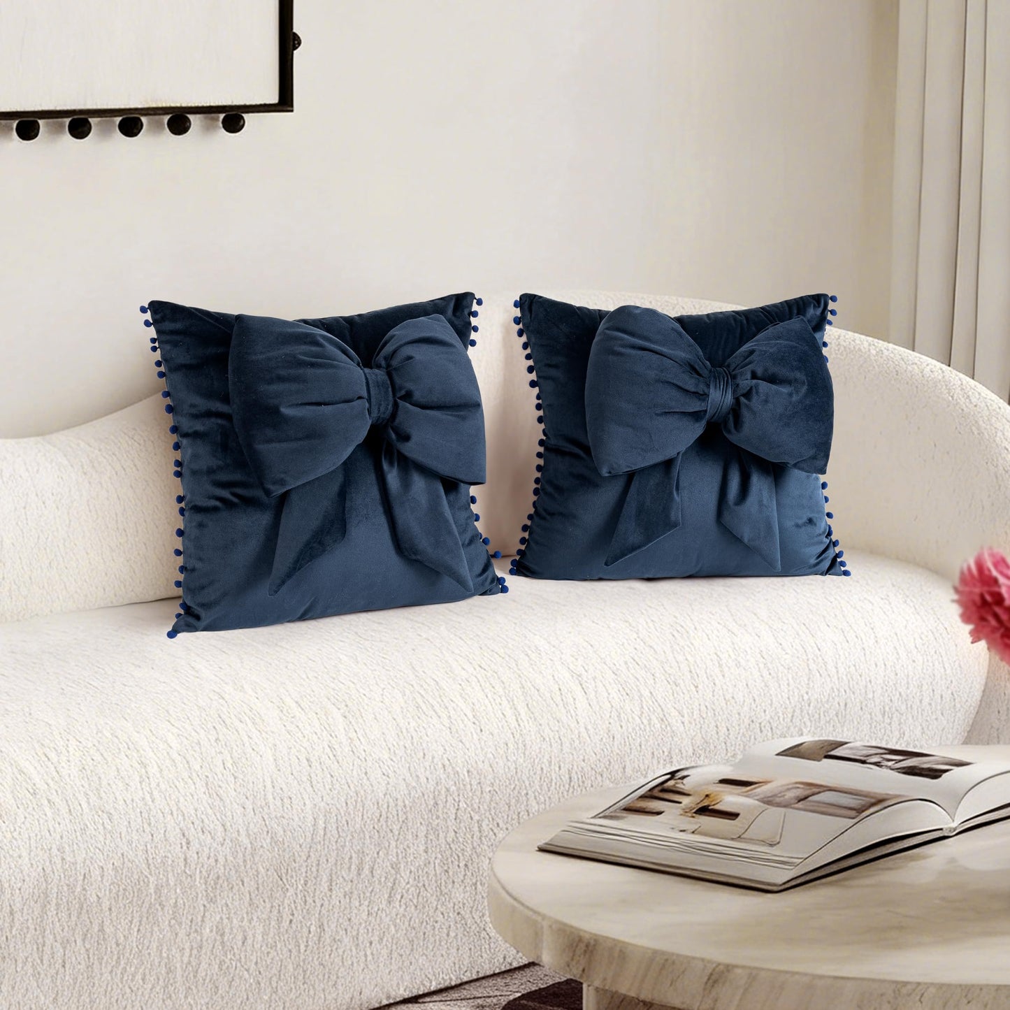 AELS Bow Pillow Cover, 18x18 Bow Decorative Set of 2, Velvet Bowknot Pillow Cover with Pom-poms for Valentine's Day, Wedding, Christmas, Living Room, Bedroom, Nursery Decor, Navy Blue