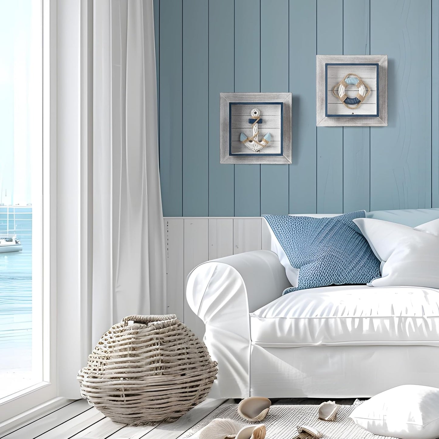 AELS 11.4" Large Wooden 3D Ocean Theme Wall Art Decor with LED Light, Rustic Nautical Wall Decor Framed Set of 2, Farmhouse Coastal Wall Art Sculpture, Shabby Chic Home Decor, Anchor & Life Ring
