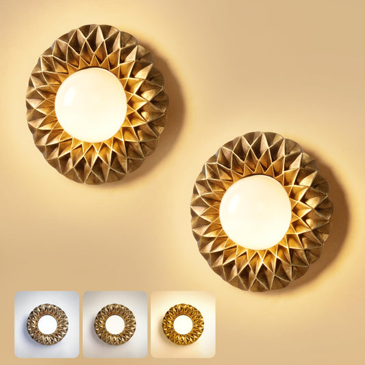 AELS Battery Operated Wall Sconces Set of 2, Vintage Gold Wireless Wall Lights with 3 Color Temps & Dimmable RGB Mode, Rechargeable with Detachable LED Bulbs & Remote for Bedroom Living Room，Geometric