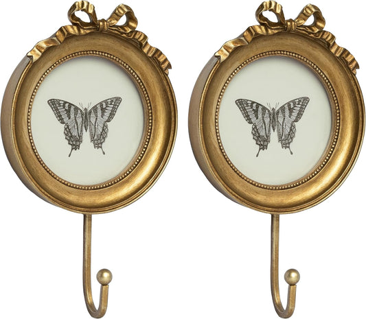 AELS Decorative Wall Hooks with 4"x4" Bow Picture Frame, Vintage Photo Holder with Golden Hook for Coats, Purses, Towels and Keys, Ideal for Entryway, Bedroom or Wedding Decor, Gift Ideas