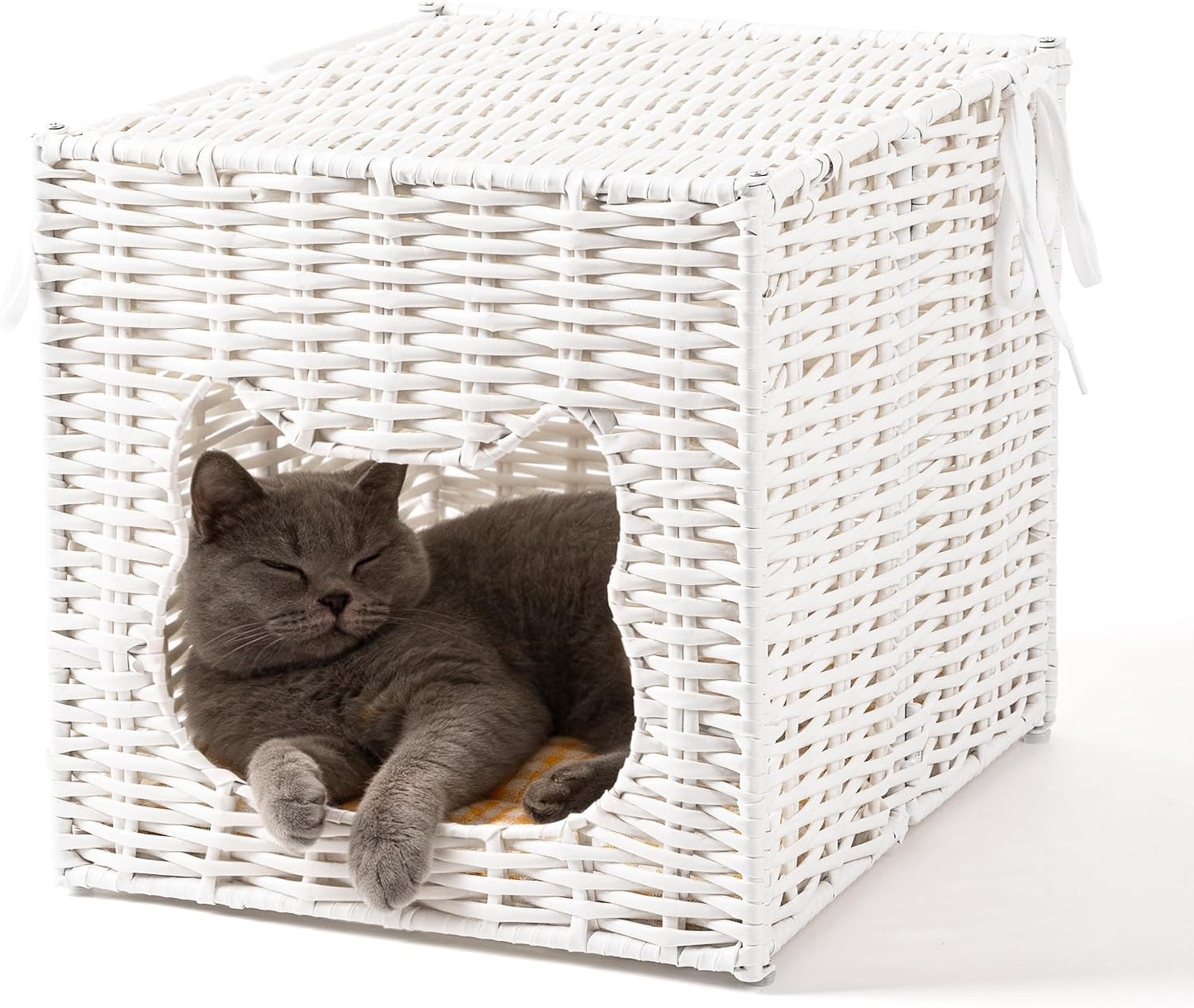 Handwoven Small Cat Bed Cave for IKEA Kallax Shelf, 13"x13"x15" Rattan Cat House for Indoor Cats Kittens and Small Pets with Removable Double-Sided Soft Cushion Pad, Pet Cube Hideaway Bed White
