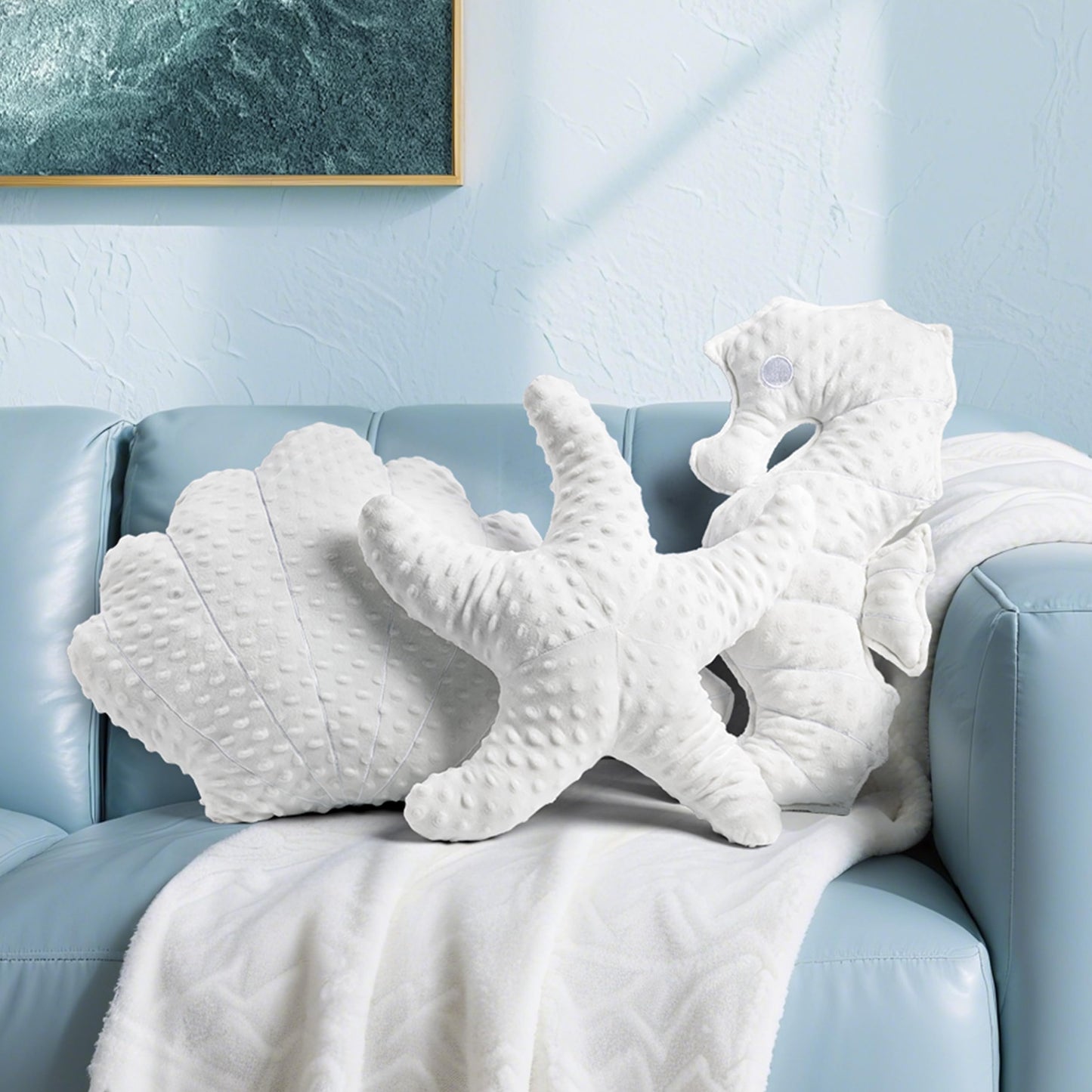 AELS Coastal Throw Pillows Set of 2, Starfish Shell Pillows, Beach Ocean Nautical Themed Smooth Soft Minky Decorative Throw Pillows, Cute Pillow for Couch Sofa Bed Living Room Bedroom Nursery, White