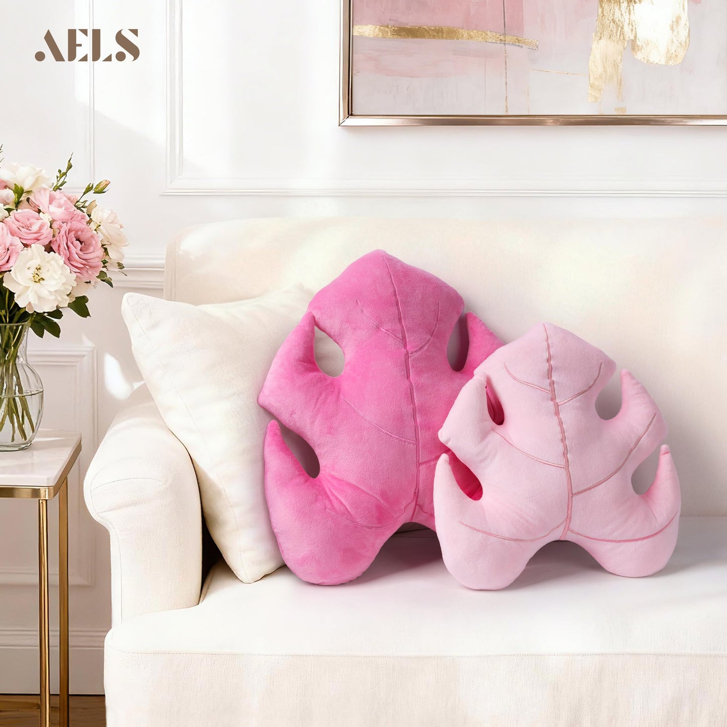 AELS Set of 2 3D Leaves Decorative Throw Pillows, 18"& 14" Monstera Deliciosa Plush Pillow Set for Plant Lovers Garden Lovers, Living Room Bedroom Nursery Decor, Bluish Green & Light Green