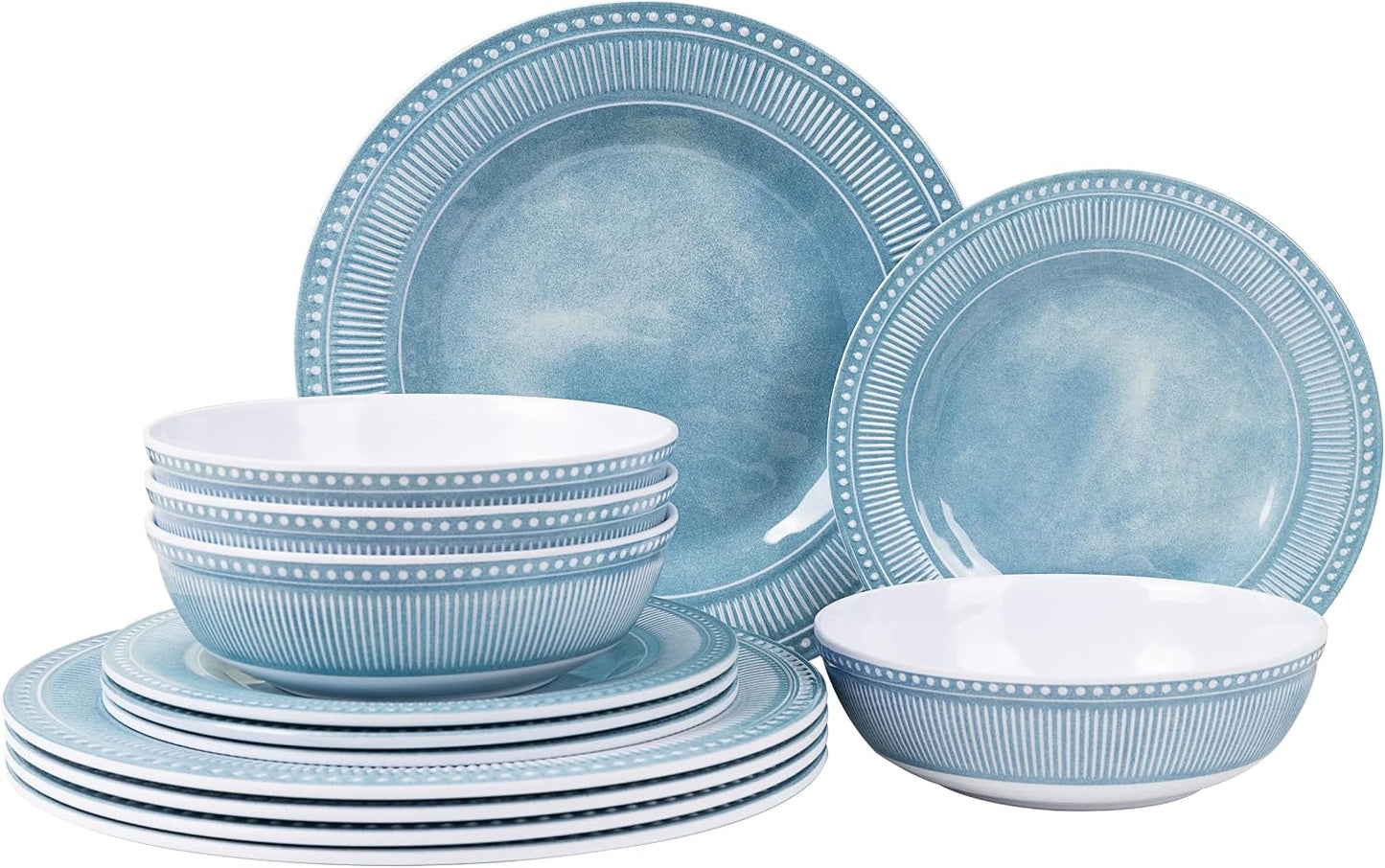 Melamine Dinnerware Set of 12 Pcs, Dinner Dishes Set for Indoor and Outdoor Use, Melamine Plates and Bowls Set for 4, Dishwasher Safe, Lightweight Unbreakable, BPA Free, Blue