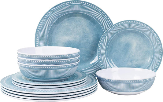 Melamine Dinnerware Set of 12 Pcs, Dinner Dishes Set for Indoor and Outdoor Use, Melamine Plates and Bowls Set for 4, Dishwasher Safe, Lightweight Unbreakable, BPA Free, Blue