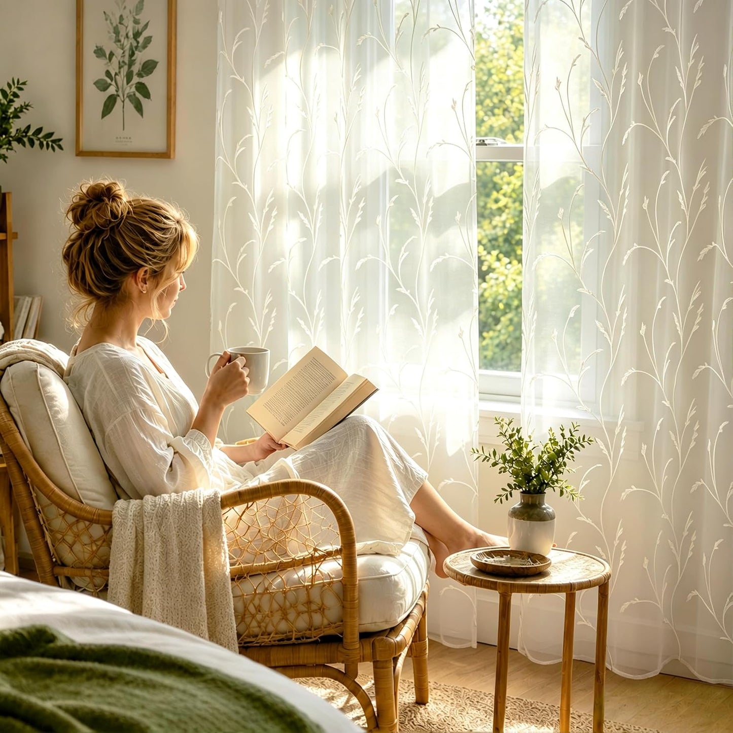 Semi White Sheer Curtains 84 Inches Long 2 Panels Set, White Stem | Embroidered Leaf Patterned Voile Window Treatments for Living Room Bedroom, Airy Light Filtering Grommet Curtains 52"W x 84"L