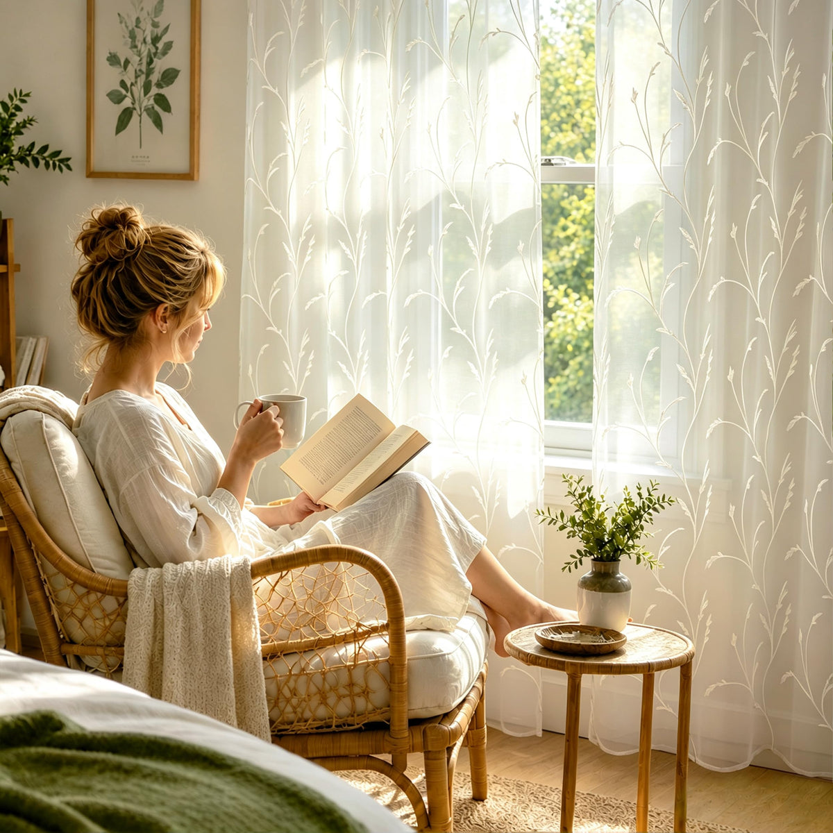 AELS Embroidered Sheer Curtains 84 Inches Long 2 Panels Set, Green Leaf