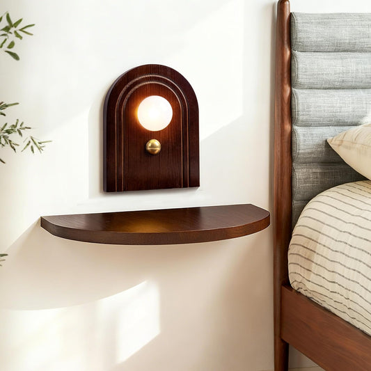 Mid-Century Modern Floating Shelf with Rechargeable Type-C LED Wall Light, Space-Saving Wooden Wall Mounted Bedside Shelf for Bedroom or Dorm, Brown