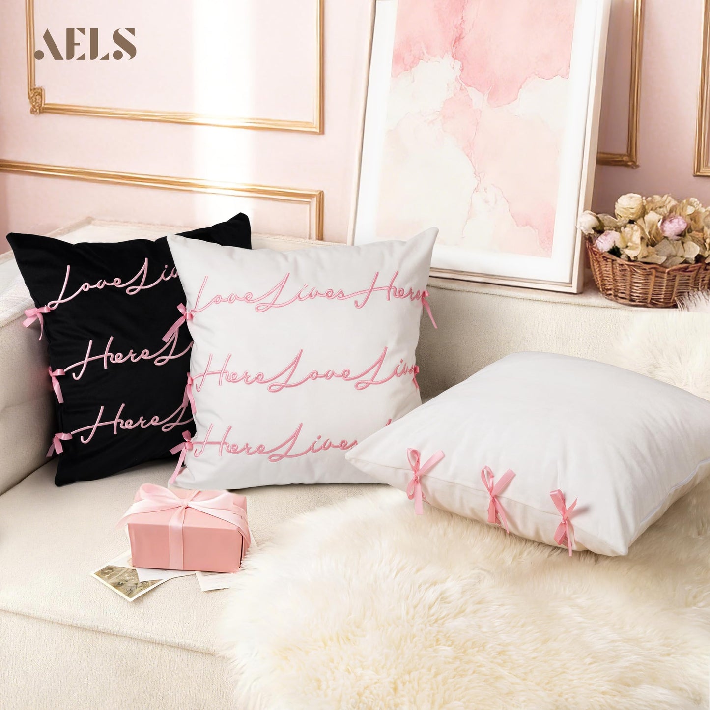 AELS Bow Pillow Cover, Text Design Velvet Bowknot Decorative Pillow Covers for Valentine's Day, Wedding, Christmas, Living Room, Bedroom, Nursery Decor, 18x18 Inch, Love Lives Here, Pink Cream White