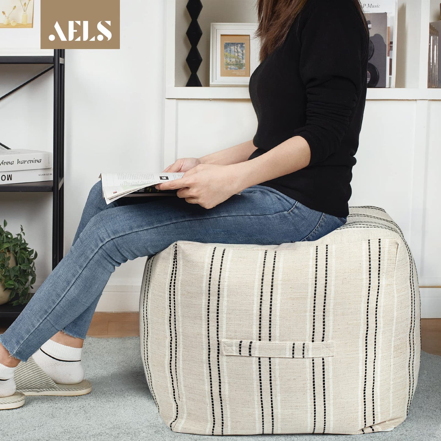 AELS Unstuffed Farmhouse Pouf Cover for Living Room, Boho Storage Bean Bag Cubes, Beige with Brown Stitch Yarn Dyed Stripe Square Ottoman Pouf Foot Rest Footstool, 18"x18"x18", Cover ONLY