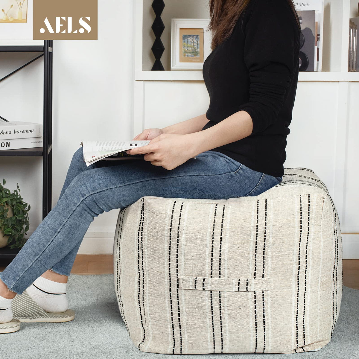 AELS Unstuffed Farmhouse Pouf Cover for Living Room, Boho Storage Bean Bag Cubes, Beige with Navy Blue Stitch Yarn Dyed Stripe Square Ottoman Pouf Foot Rest Footstool, 18"x18"x18", Cover ONLY