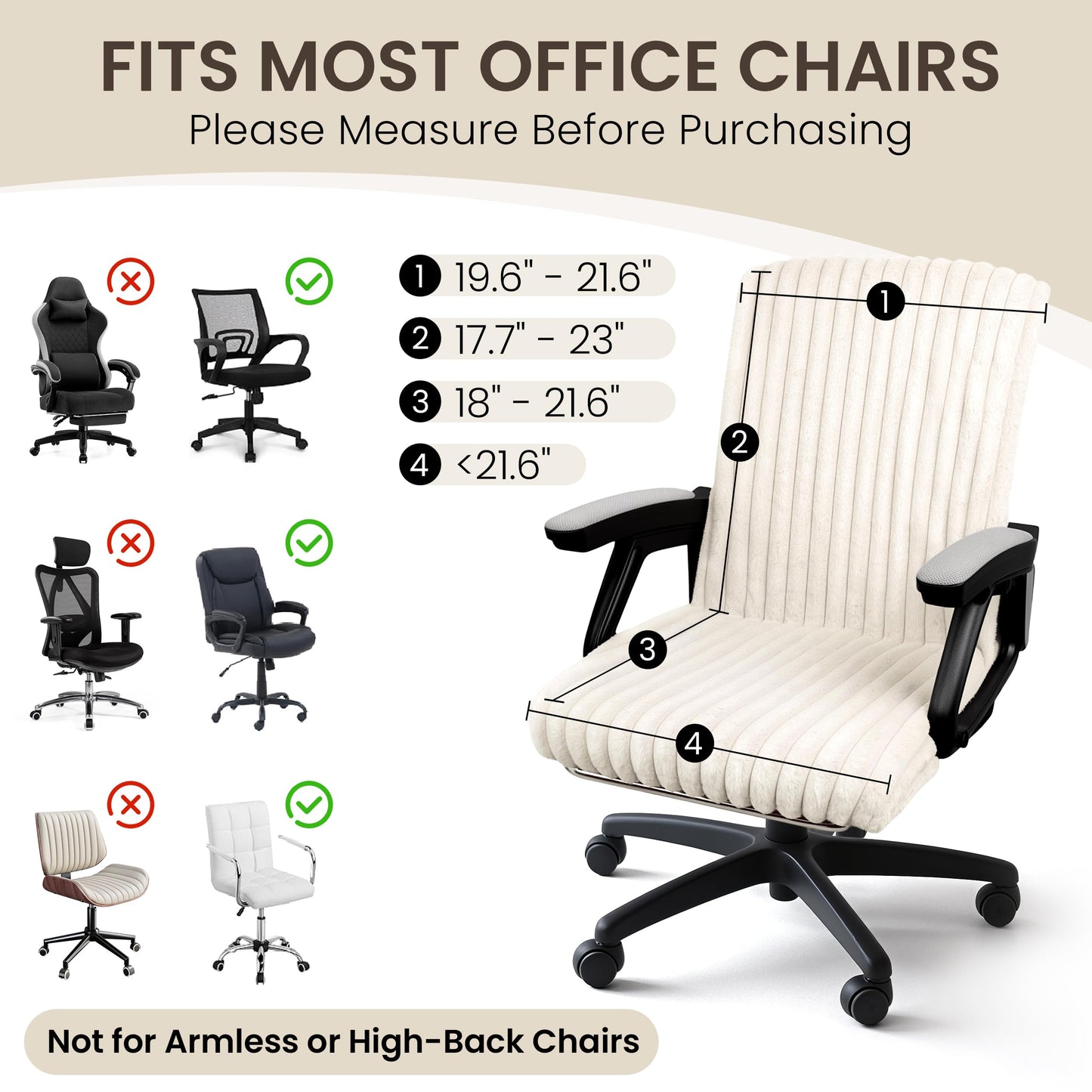 AELS Faux Fur Striped Office Chair Cover, Desk Chair Cover Computer Office Chair Covers - Fits Desk Chair/Armchair, Soft Breathable Fabric - Washable & Removable for Home & Office, Cream White