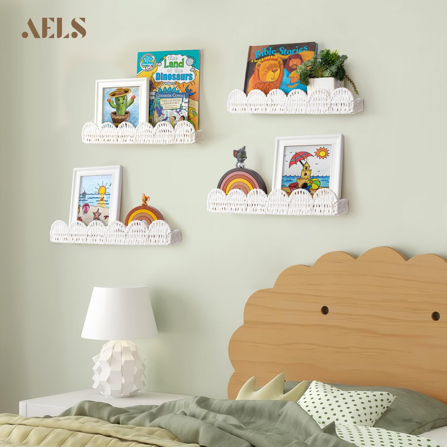 AELS Scalloped Nursery Bookshelf, Set of 2, Picture Ledge Shelf for Wall Decor, Woven Straw Paper Floating Shelves for Books, Toys, Photo Frames, Nursery, Boho Modern Farmhouse Book Shelf, Beige