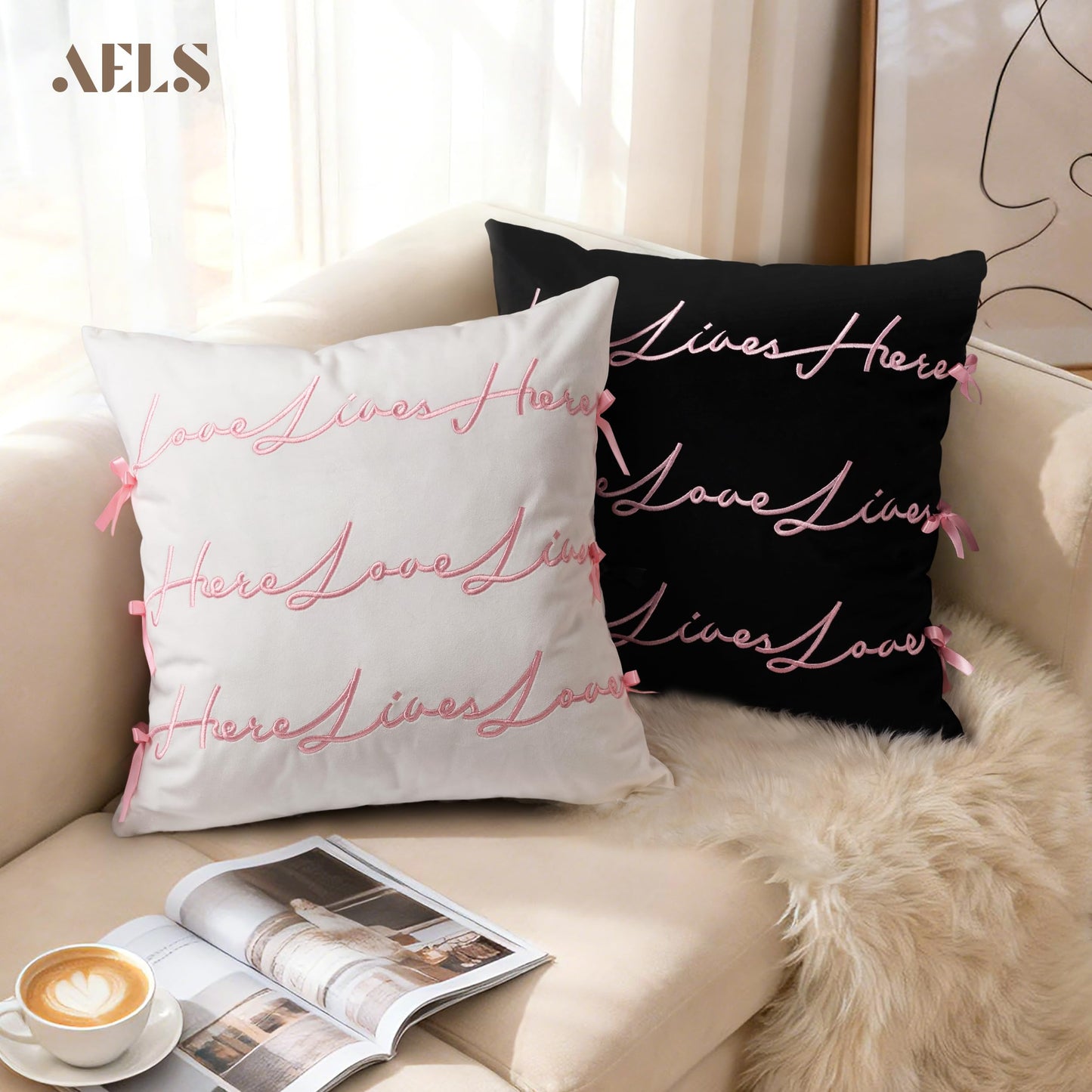 AELS Bow Pillow Cover, Text Design Velvet Bowknot Decorative Pillow Covers for Valentine's Day, Wedding, Christmas, Living Room, Bedroom, Nursery Decor, 18x18 Inch, Love Lives Here, Pink Cream White