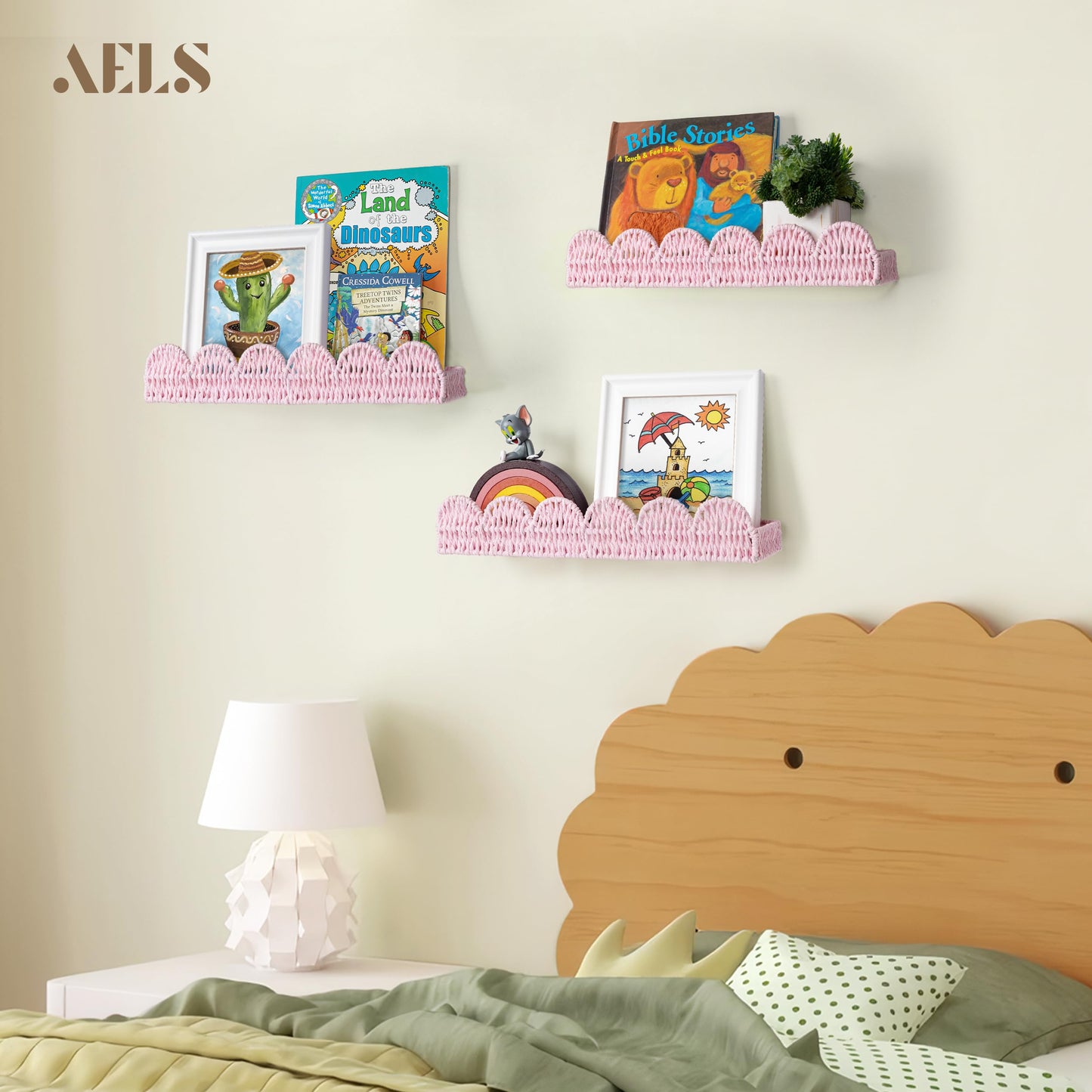 AELS Scalloped Nursery Bookshelf, Set of 2, Picture Ledge Shelf for Wall Decor, Woven Straw Paper Floating Shelves for Books, Toys, Photo Frames, Nursery, Boho Modern Farmhouse Book Shelf, Beige