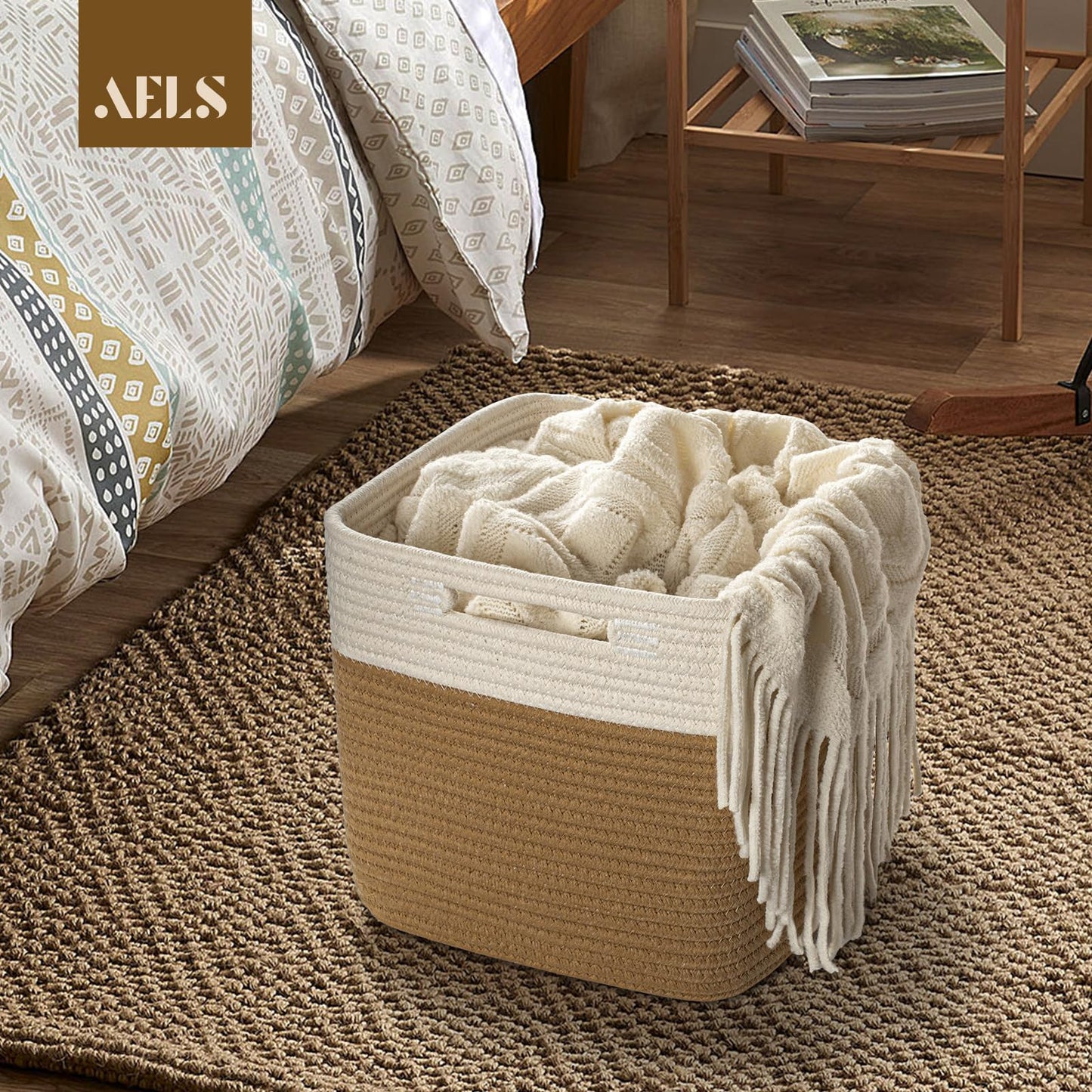 Hand Woven Cotton Basket for Storage, Cube Storage Bins with Handles, Foldable Collapsible Closet Organizers and Storage, Boho Farmhouse Storage Cubes for Shelves, Beige