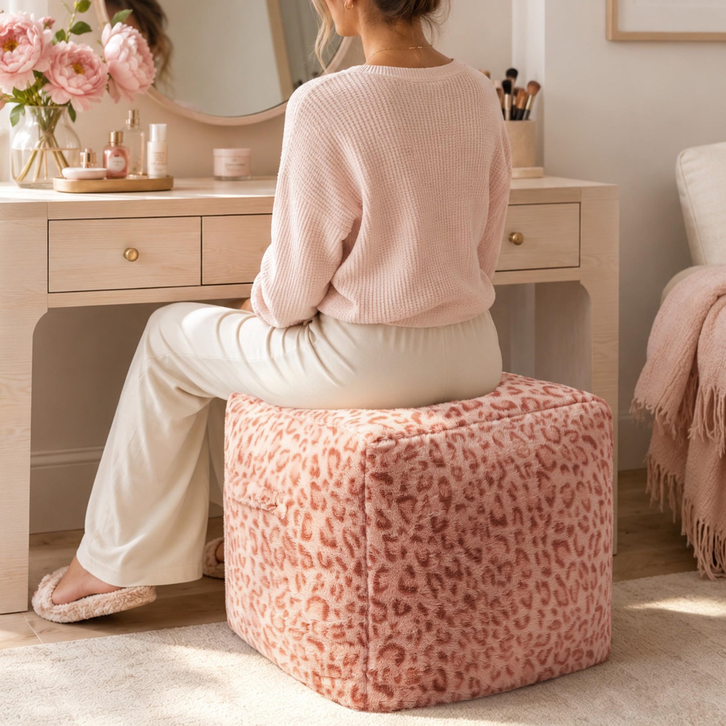 Unstuffed Leopard Cheetah Print Pouf Cover for Living Room, Boho Chic Modern Storage Bean Bag Cube, Soft Faux Fur Ottoman Foot Rest Footstool, 18"x18"x18", Cover ONLY, Natural Leopard