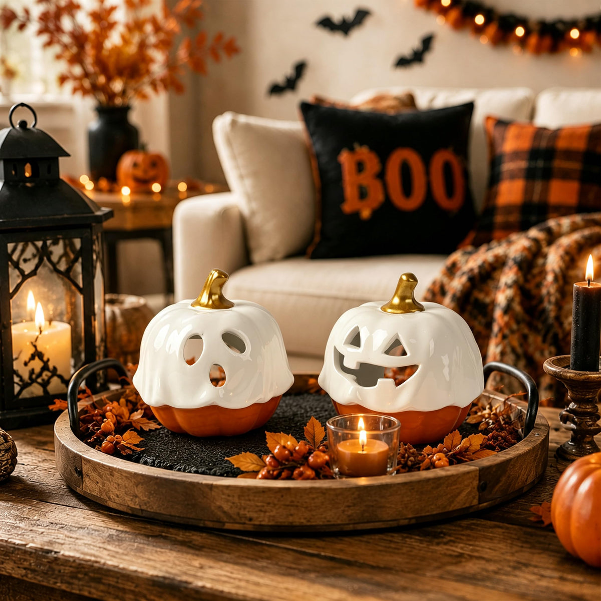 AELS Ceramic Ghost Candle Holder Set of 3, Halloween Tea Light Decor
