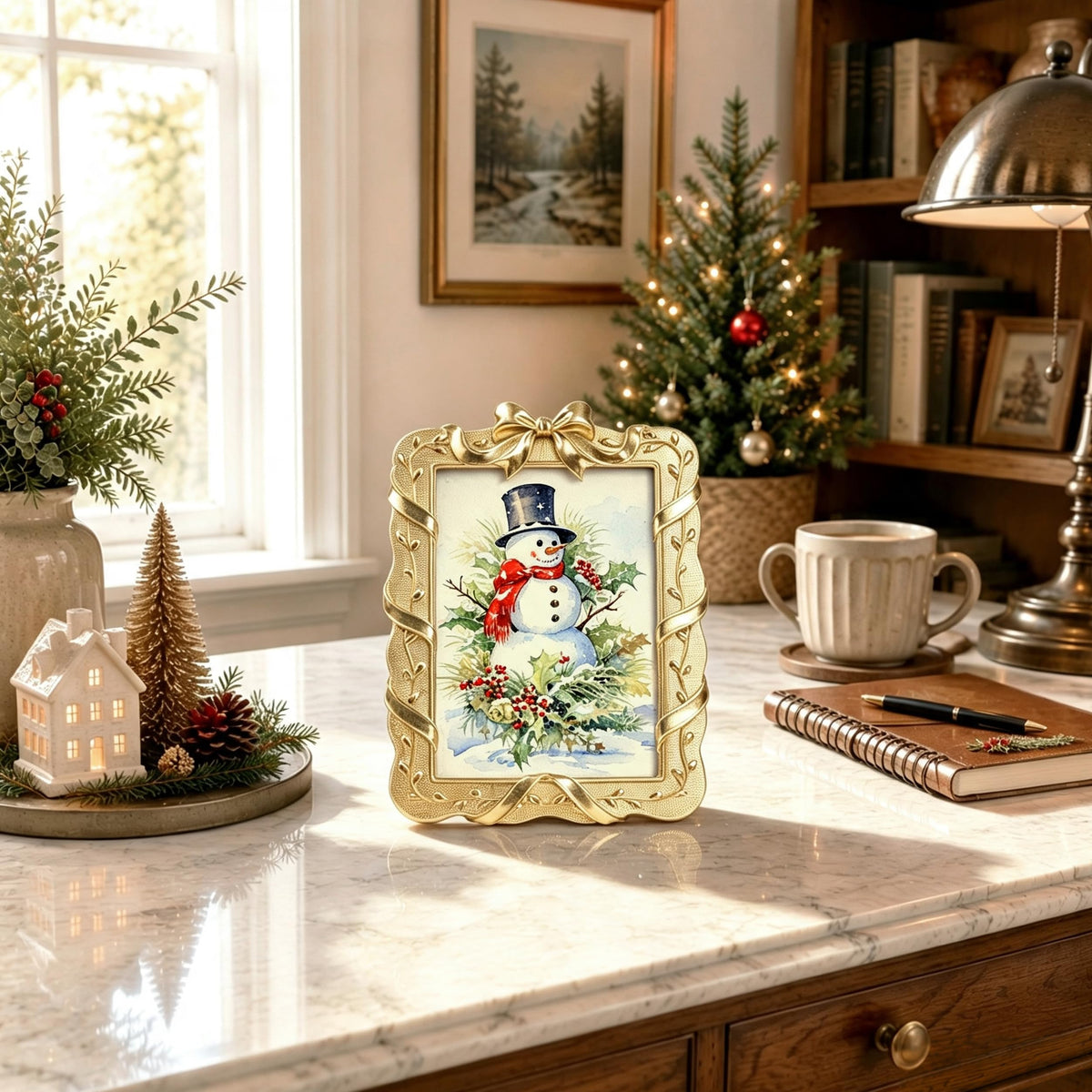 AELS 4x6 Inch Vintage Christmas Tree Picture Frames White Gold Bow