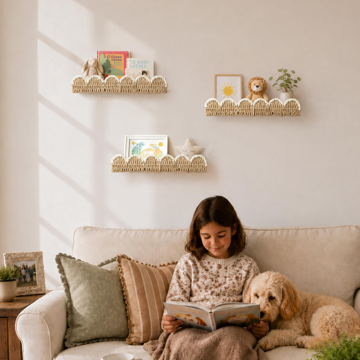 AELS Scalloped Nursery Bookshelf Set of 2, Woven Rattan Wall Shelf Beige