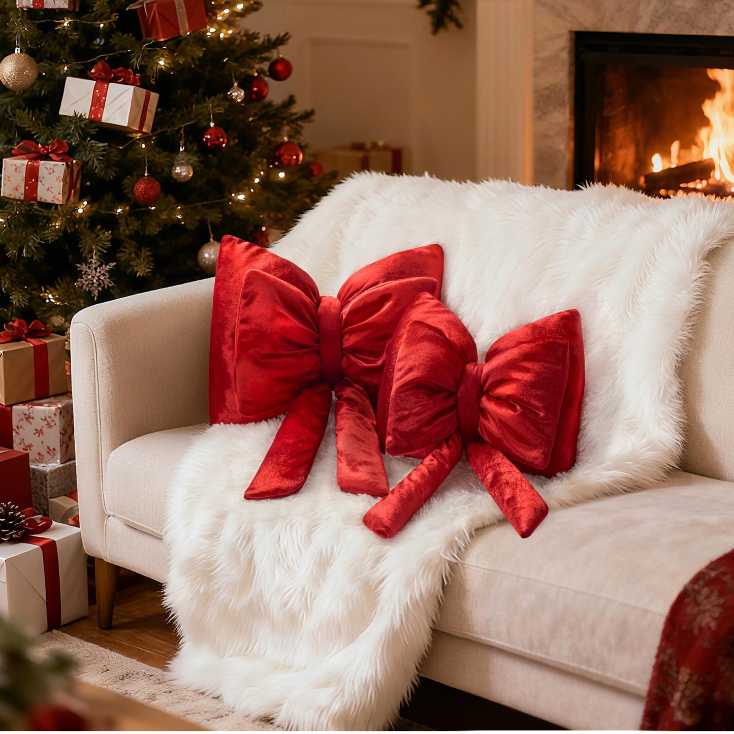 AELS Bow Pillow Decorative Throw Pillow, Shining Velvet Cute Pillow, 15.3"" & 13.7"" for Valentine's Day, Wedding, Christmas, Living Room, Bedroom, Nursery Decor, Red
